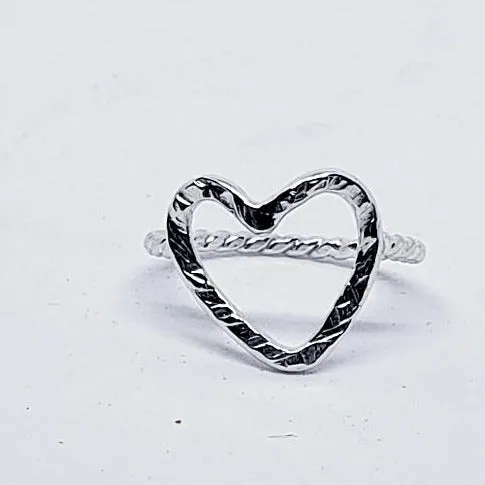 Handcrafted .925 Sterling Silver Heart Ring | Hammered Texture & Twisted Wire Design
