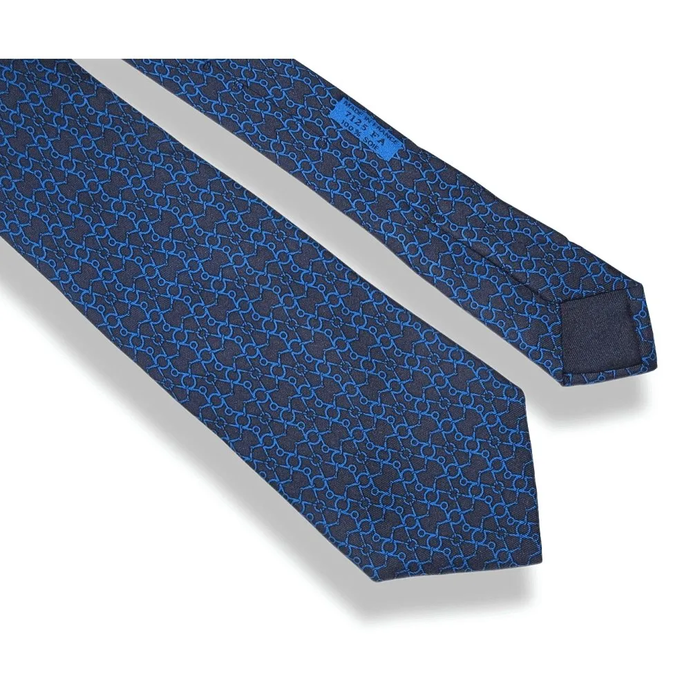 Hermes Marine Blue Linked Horse bit Silk Tie 7125 FA Mint!