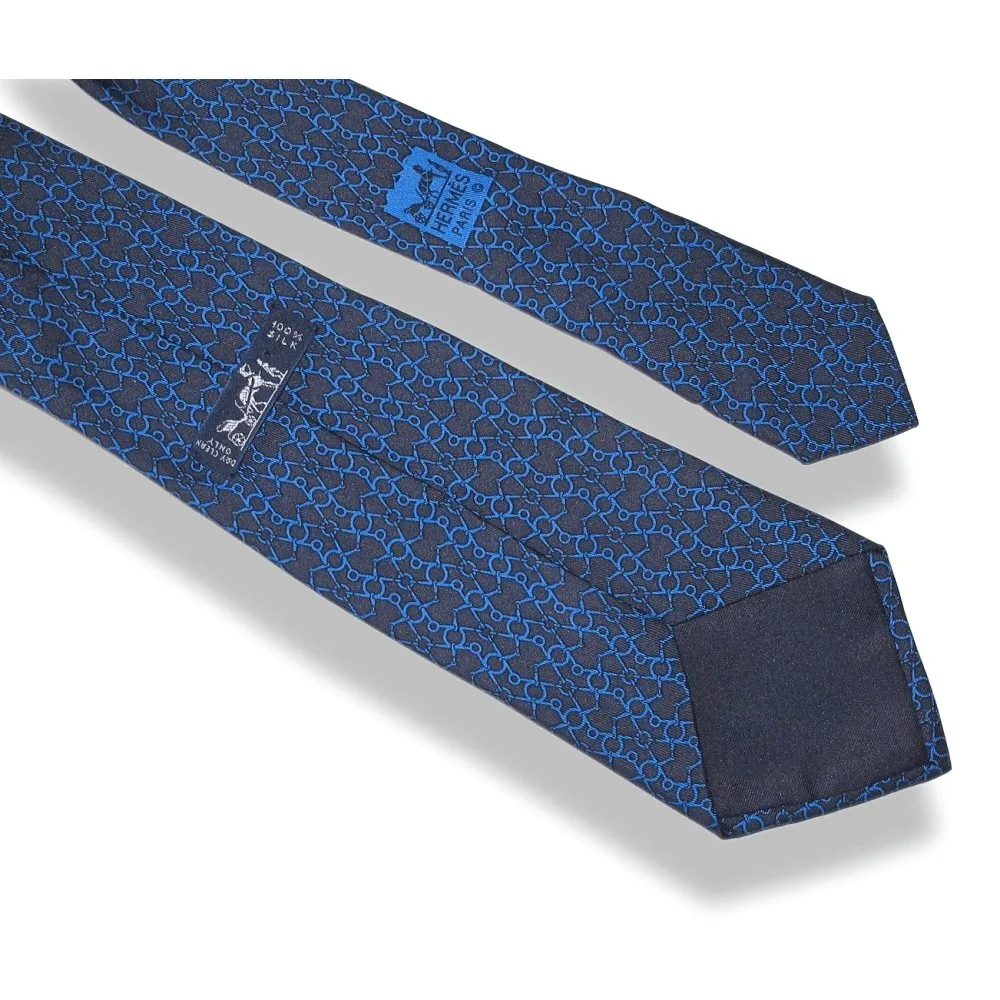 Hermes Marine Blue Linked Horse bit Silk Tie 7125 FA Mint!