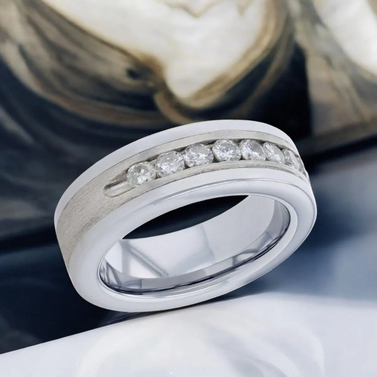 HOLDEN | Silver Tungsten Ring, Sterling Inlay, White Diamonds, Flat
