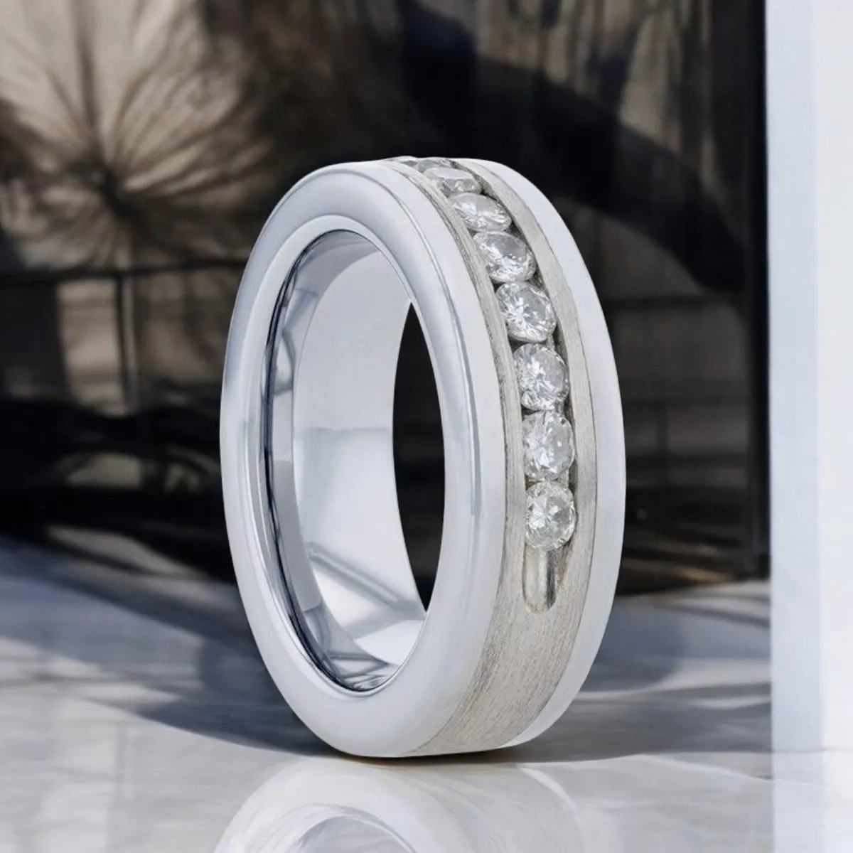 HOLDEN | Silver Tungsten Ring, Sterling Inlay, White Diamonds, Flat