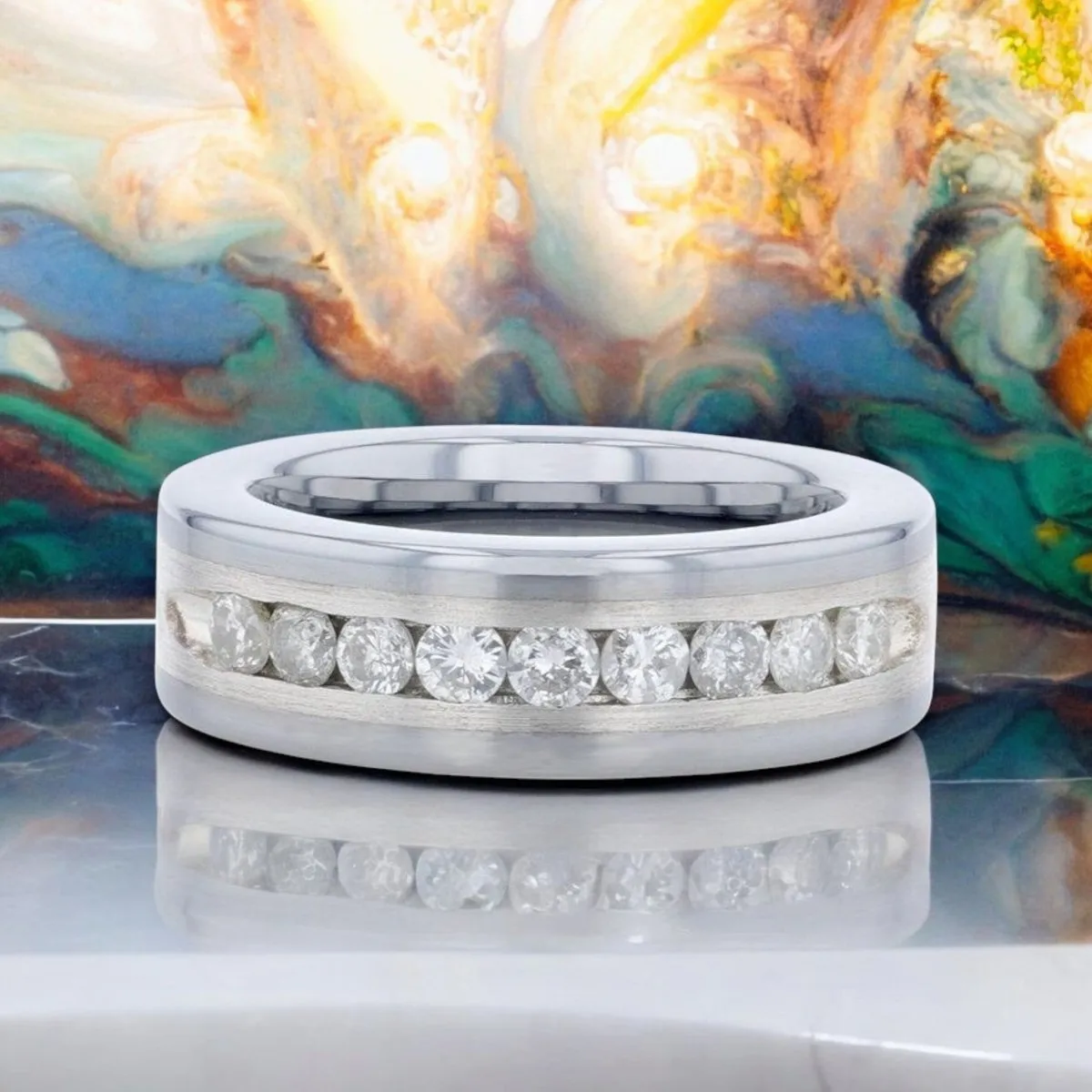 HOLDEN | Silver Tungsten Ring, Sterling Inlay, White Diamonds, Flat