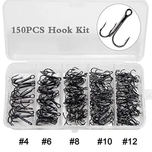 JL Sport Easy Catch 150pcs/box Extra SharpTreble Hooks High Carbon Steel Classic 3551 Size 4 6 8 10 12 Round Bend Classic Fishing Treble Hooks Fish Hooks Set