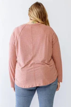 Junior Plus Brick Leopard Print V-Neck Long Sleeve Top /3-2-1