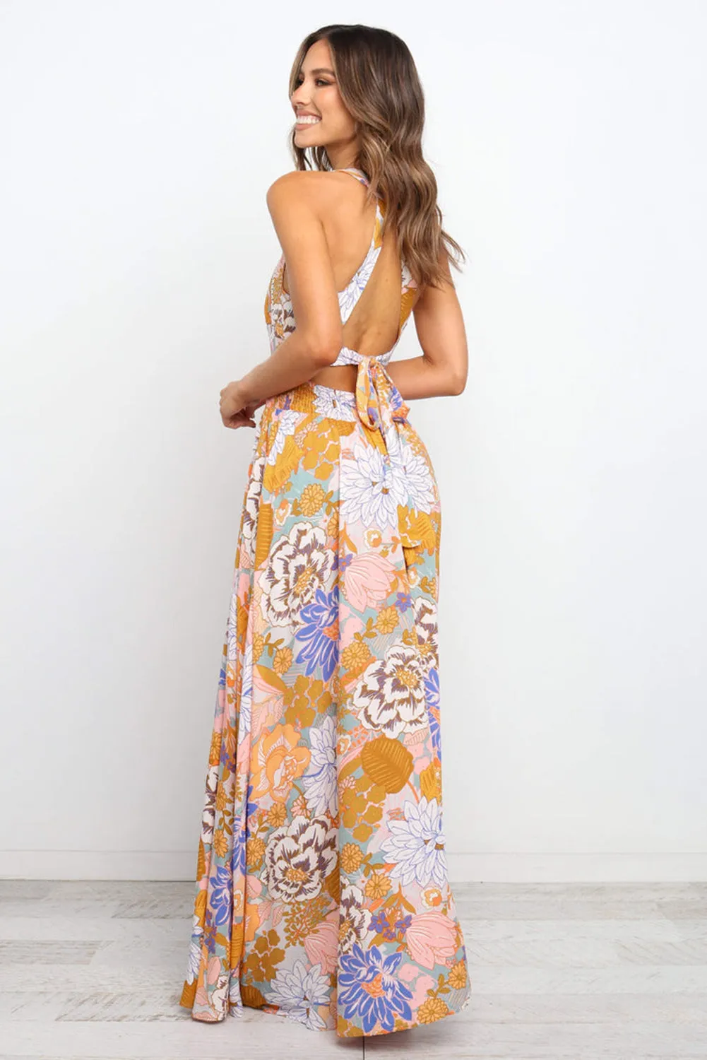 KaleaBoutique Graceful Boho Floral Backless Lace up Sleeveless Maxi Dress