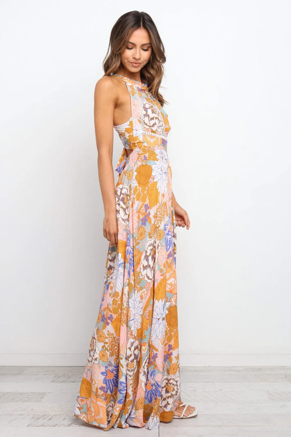 KaleaBoutique Graceful Boho Floral Backless Lace up Sleeveless Maxi Dress