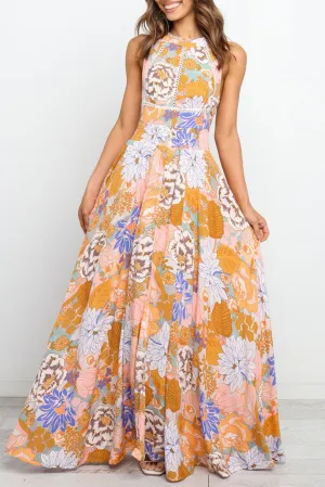 KaleaBoutique Graceful Boho Floral Backless Lace up Sleeveless Maxi Dress