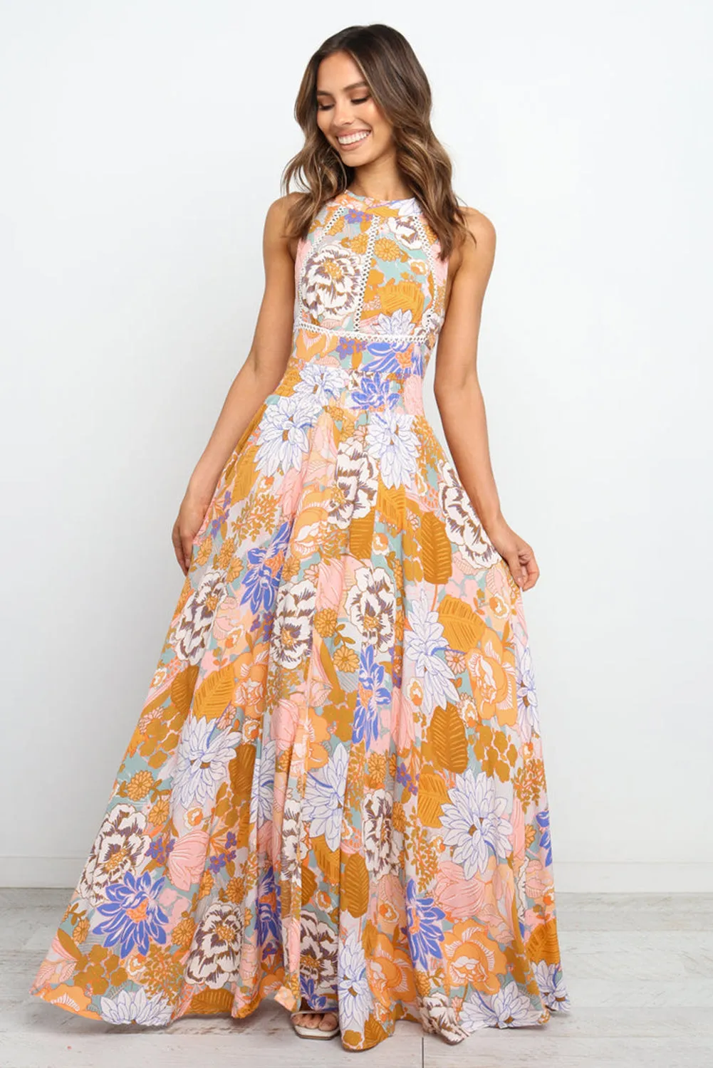 KaleaBoutique Graceful Boho Floral Backless Lace up Sleeveless Maxi Dress