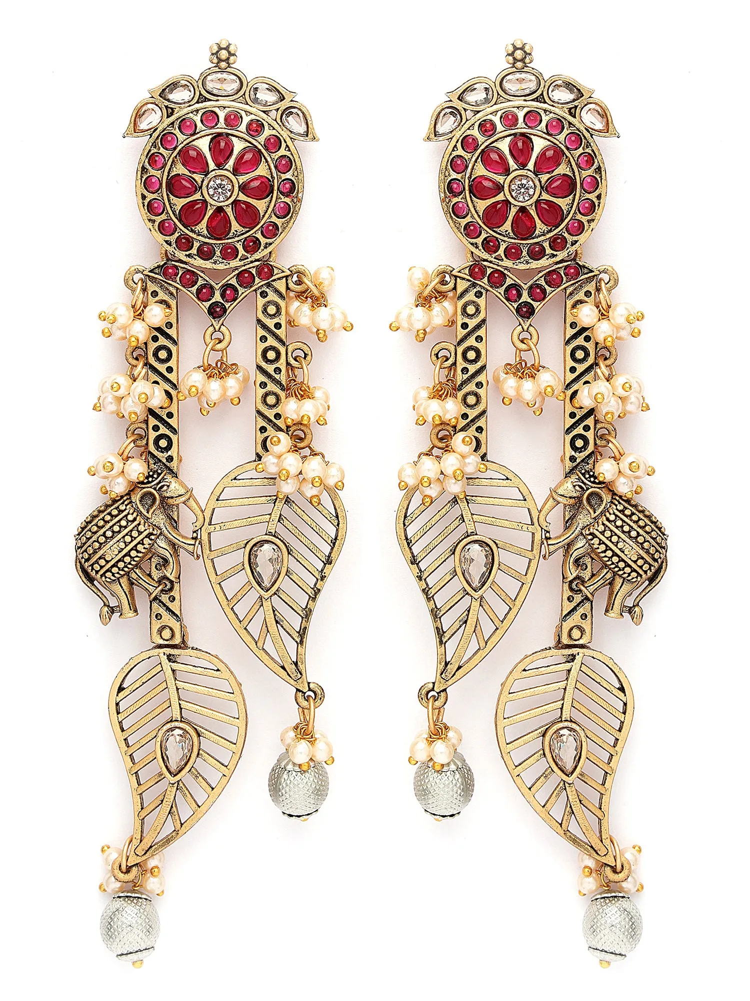 Karatcart Gold Plated Leaf Shape Red Stone Studded Drop Earrings for Women