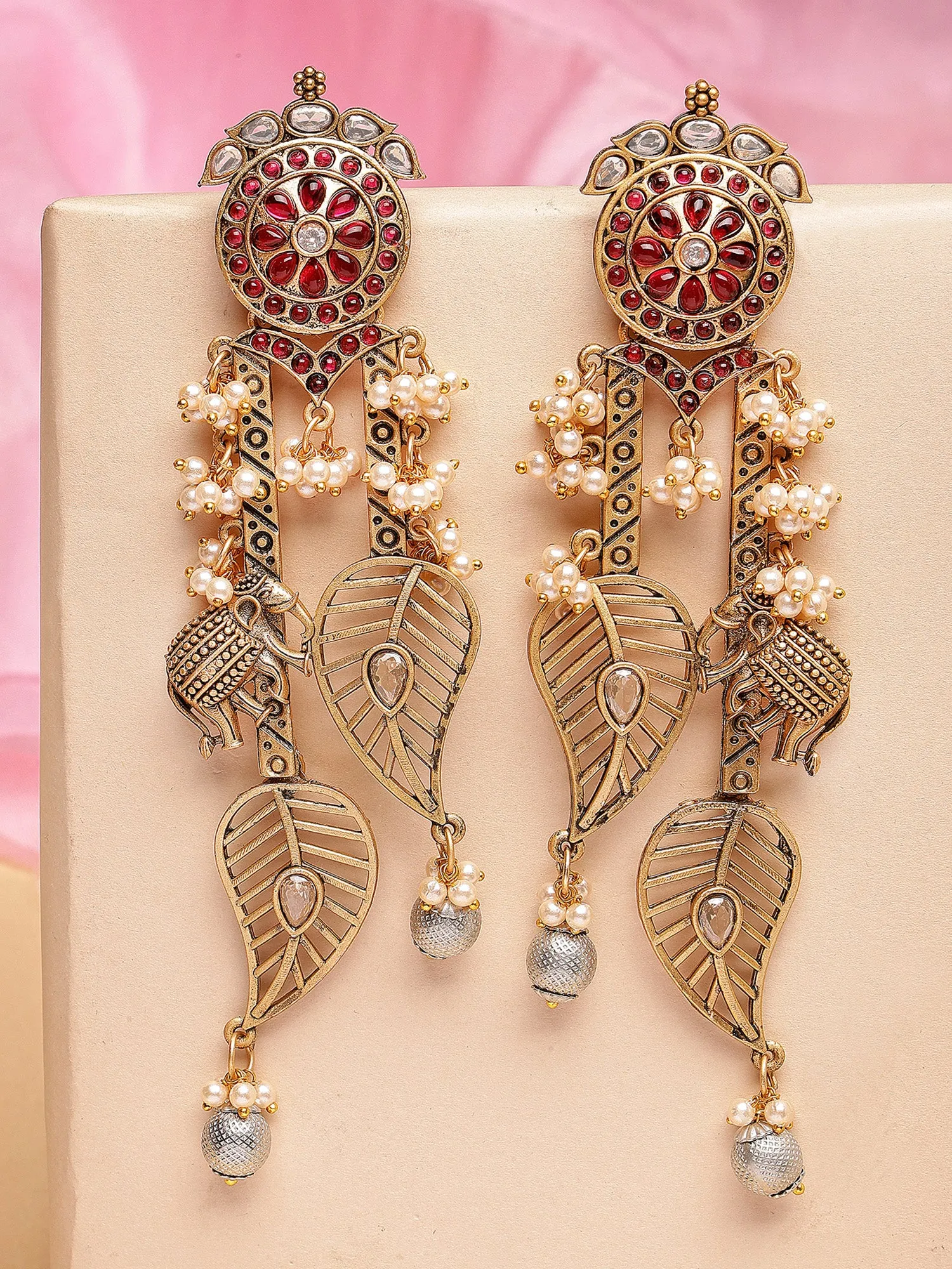 Karatcart Gold Plated Leaf Shape Red Stone Studded Drop Earrings for Women