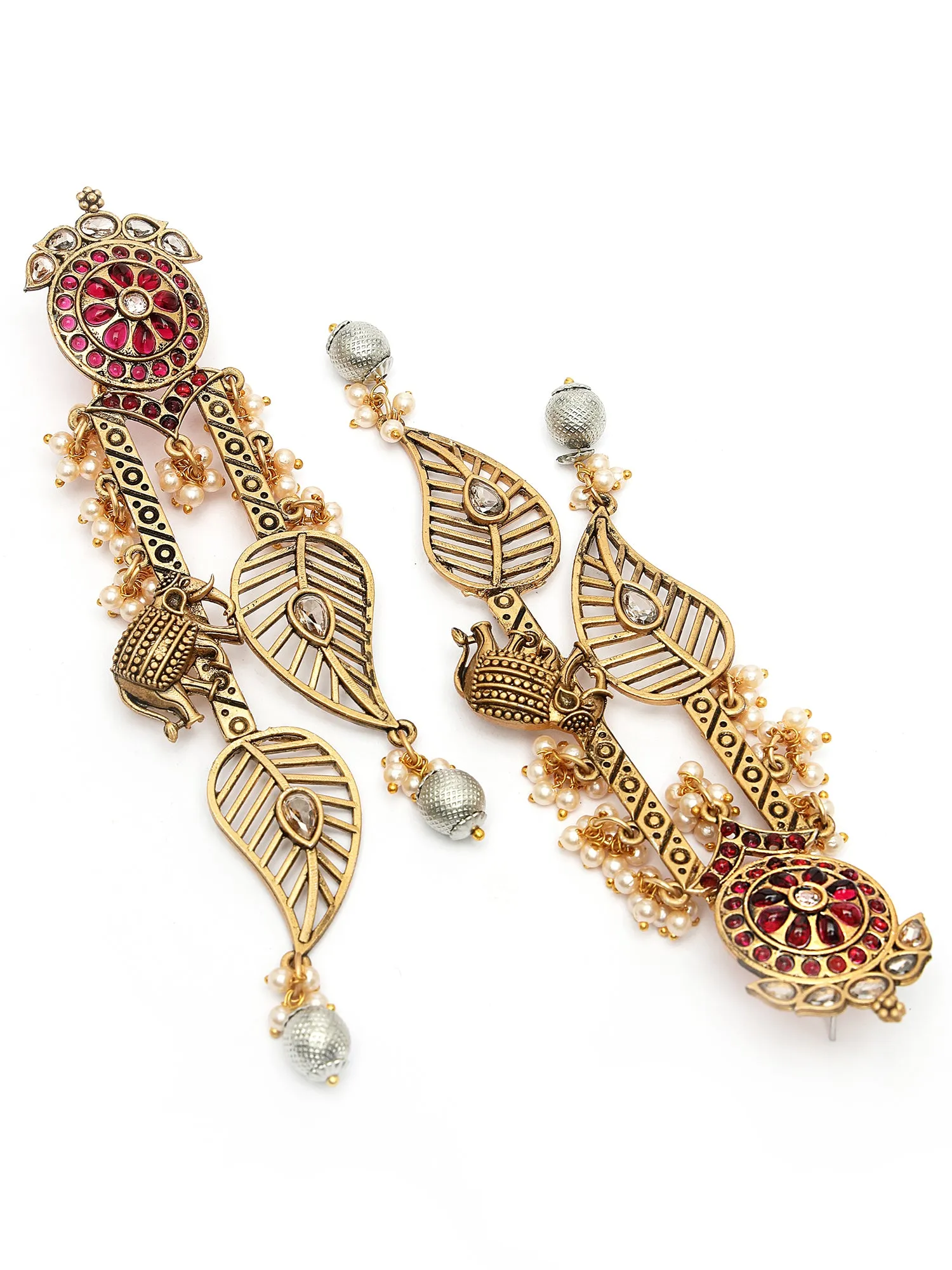 Karatcart Gold Plated Leaf Shape Red Stone Studded Drop Earrings for Women