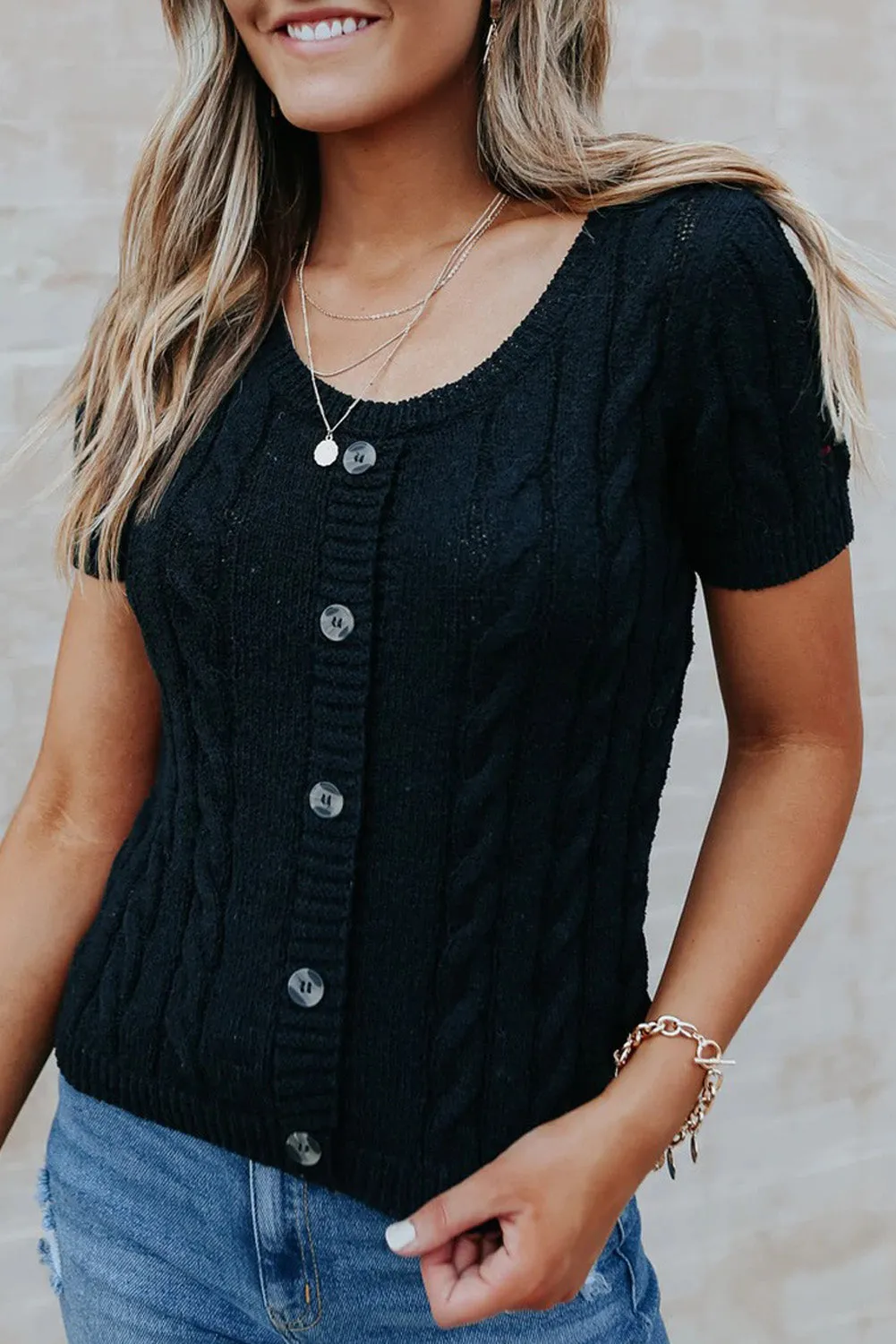 Khaki Cable Knit Short Sleeve Top with Buttons