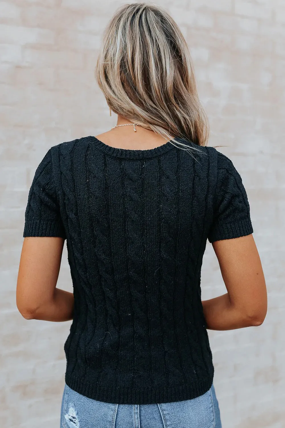 Khaki Cable Knit Short Sleeve Top with Buttons