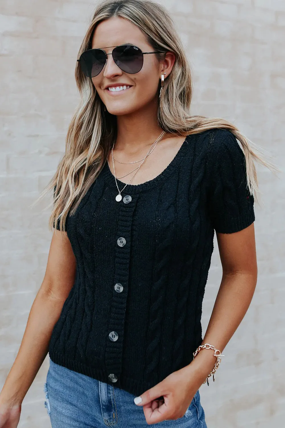 Khaki Cable Knit Short Sleeve Top with Buttons