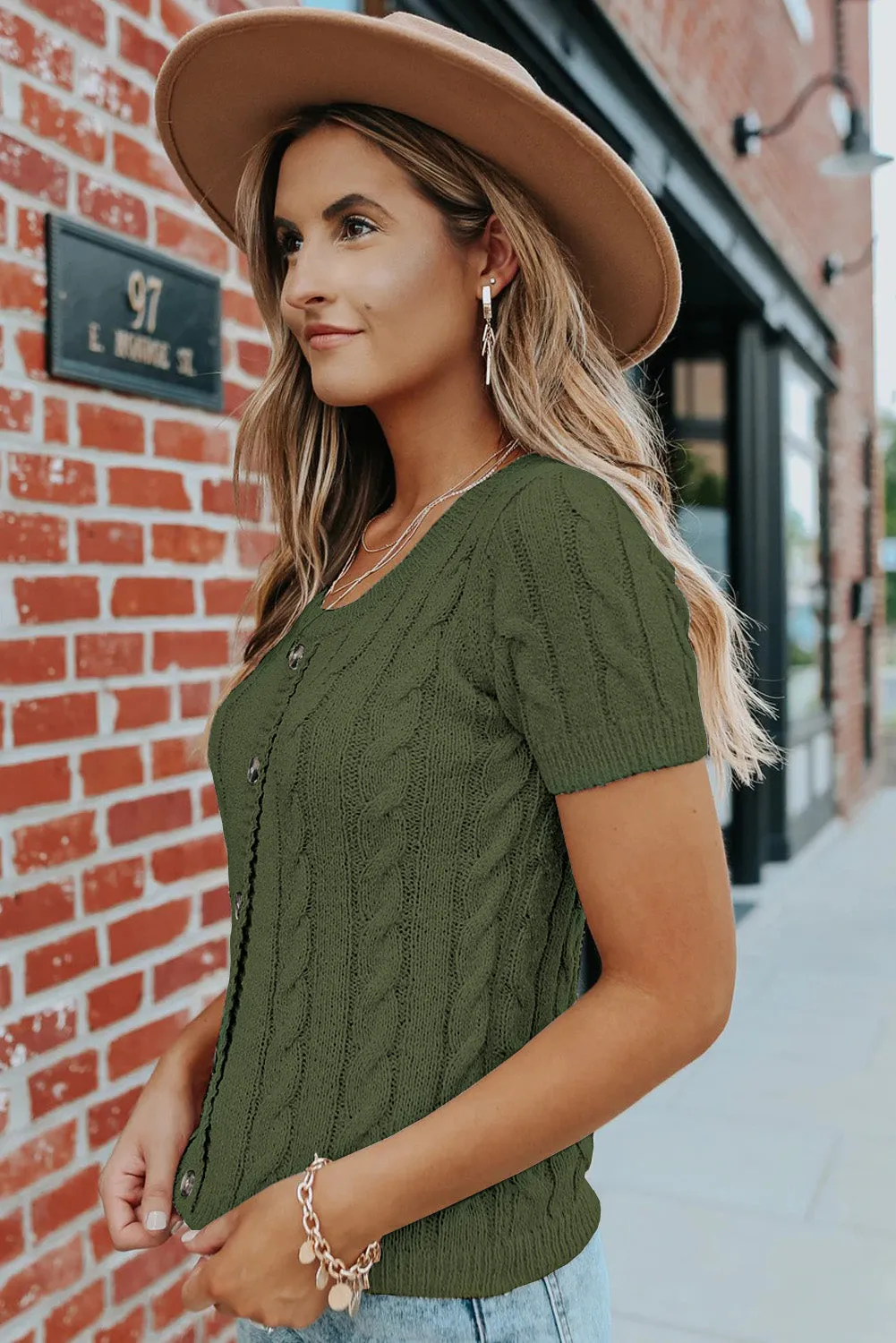 Khaki Cable Knit Short Sleeve Top with Buttons