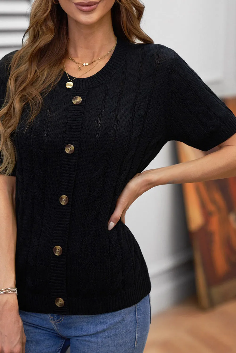 Khaki Cable Knit Short Sleeve Top with Buttons