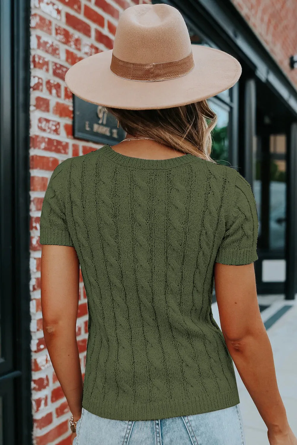 Khaki Cable Knit Short Sleeve Top with Buttons