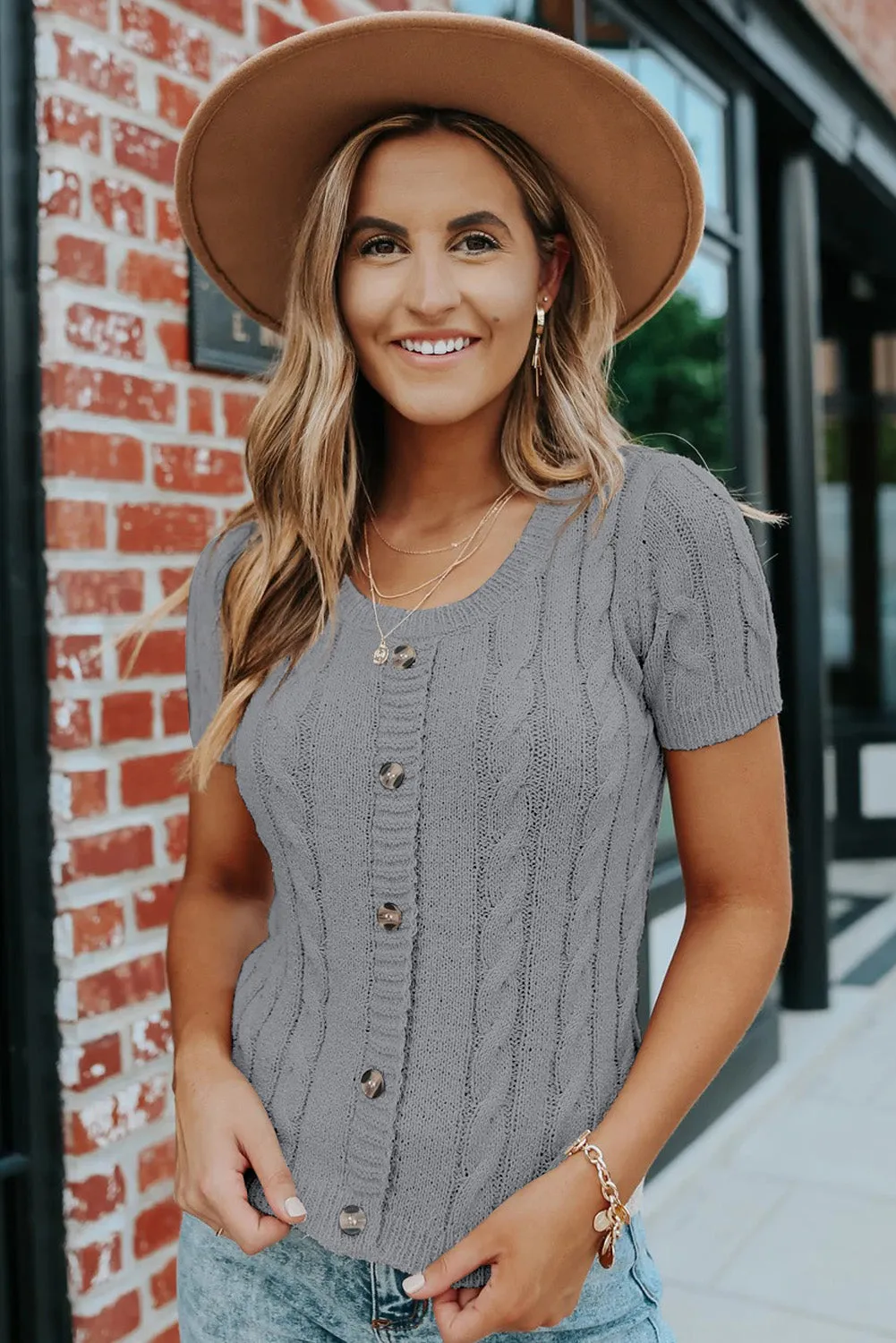 Khaki Cable Knit Short Sleeve Top with Buttons