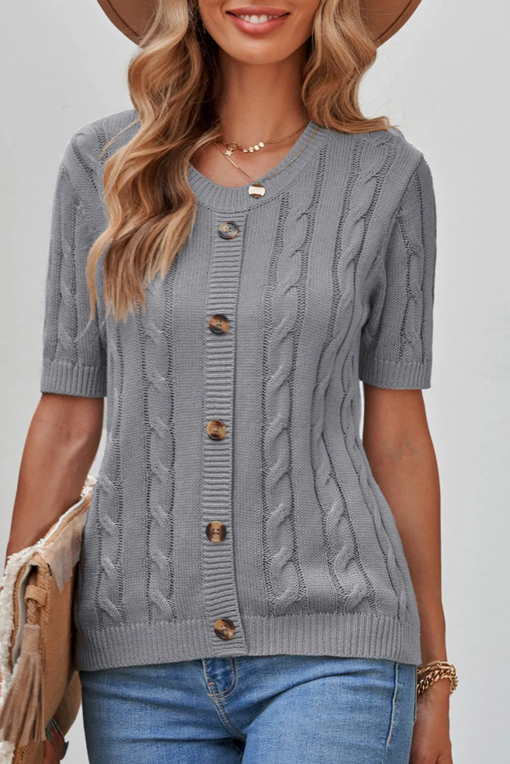 Khaki Cable Knit Short Sleeve Top with Buttons