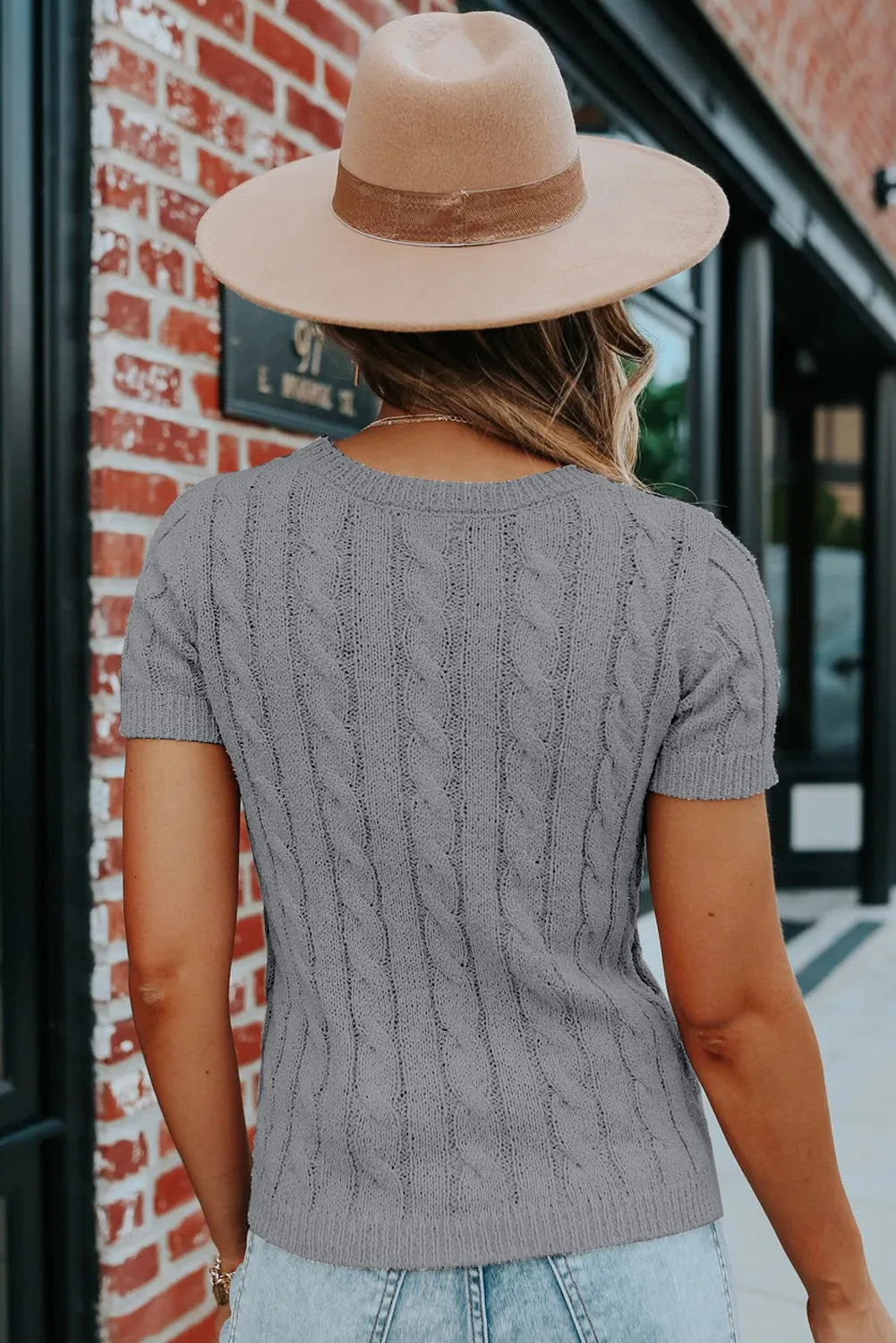 Khaki Cable Knit Short Sleeve Top with Buttons