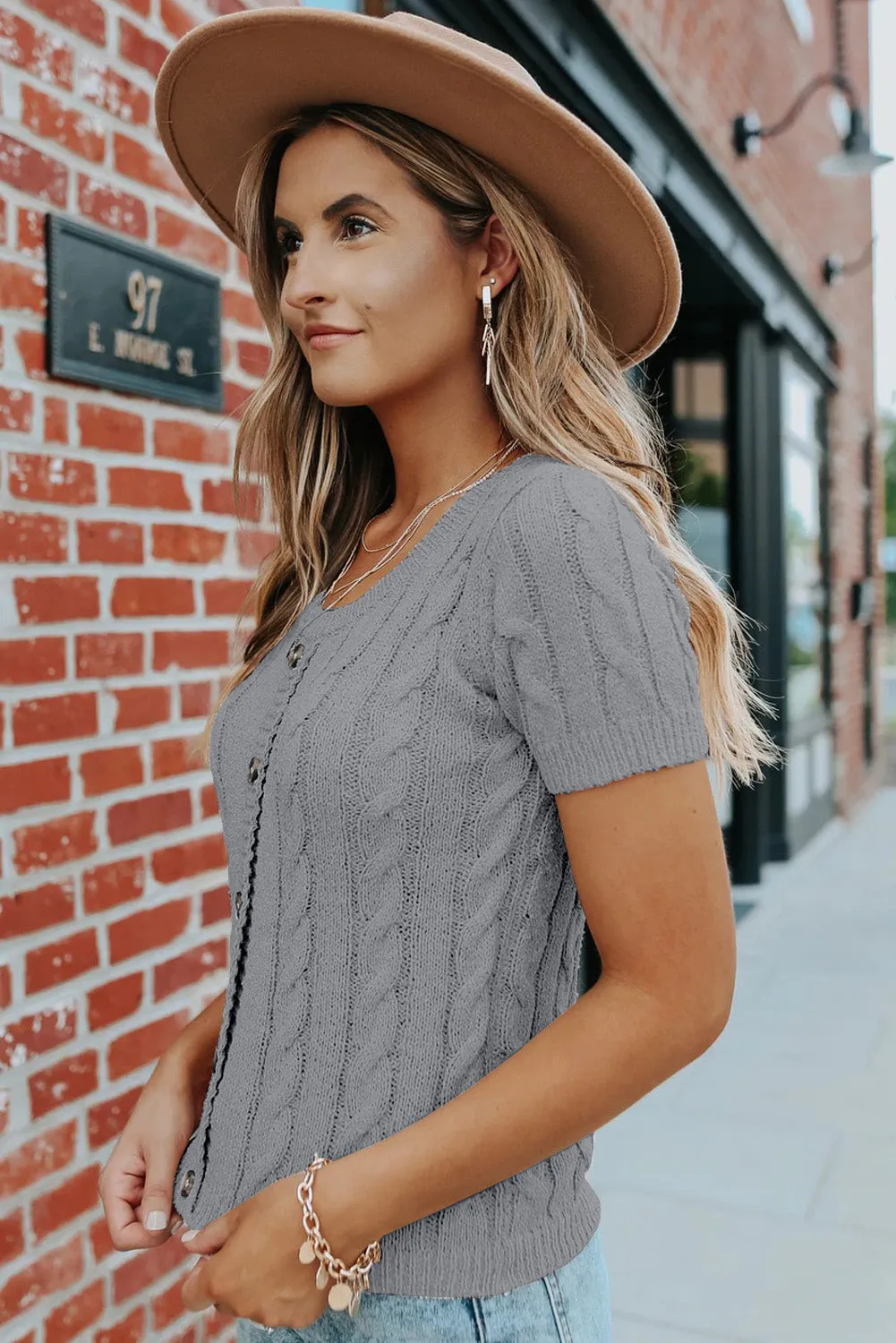 Khaki Cable Knit Short Sleeve Top with Buttons