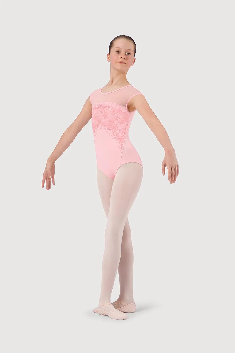 L59202G - Bloch Printed Lace Bow Back Girls Cap Sleeve Leotard