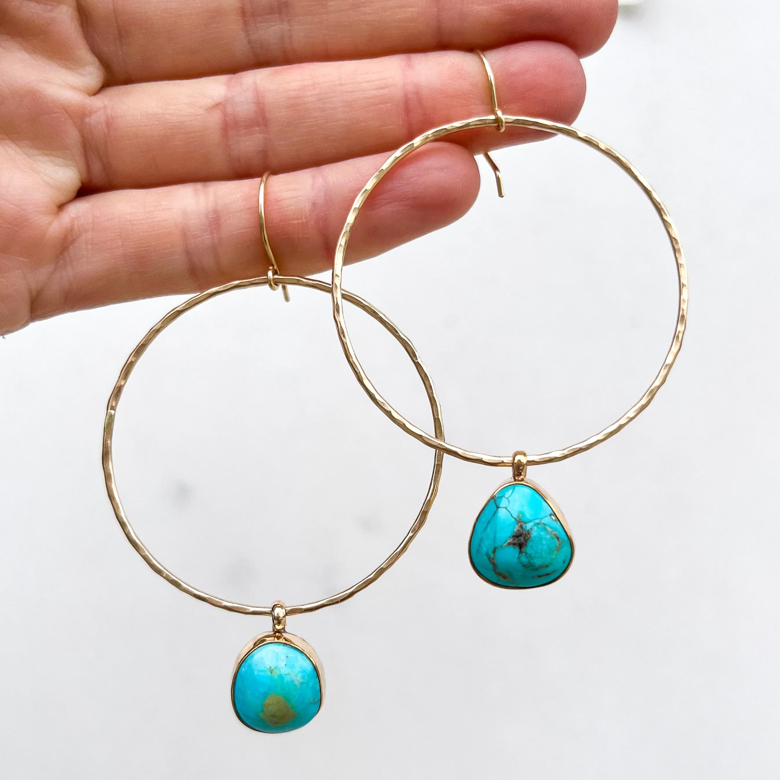 Large turquoise hoop earrings in 14K gold-fill