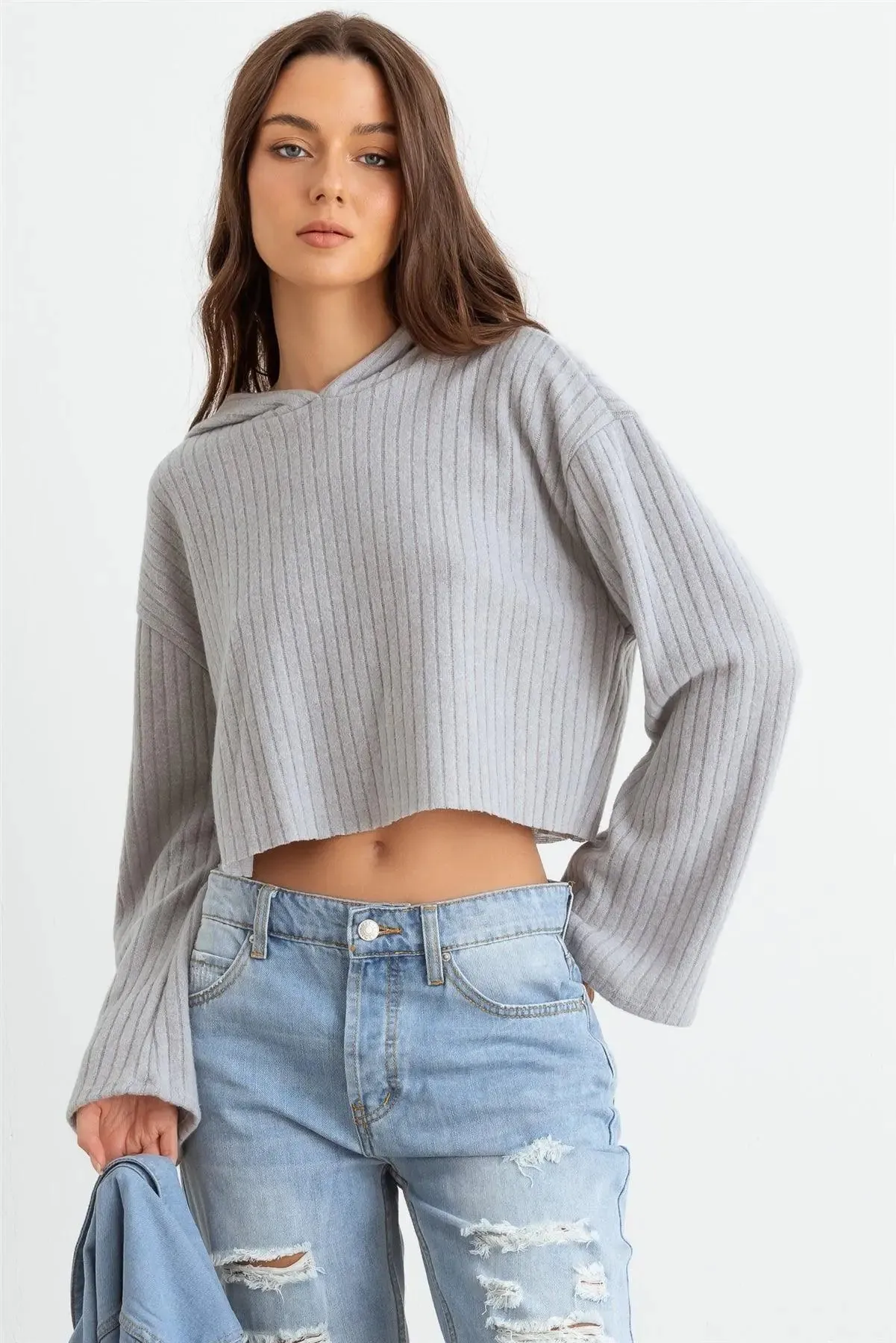 Light Gray Ribbed Bell Long Sleeve Hooded Crop Top