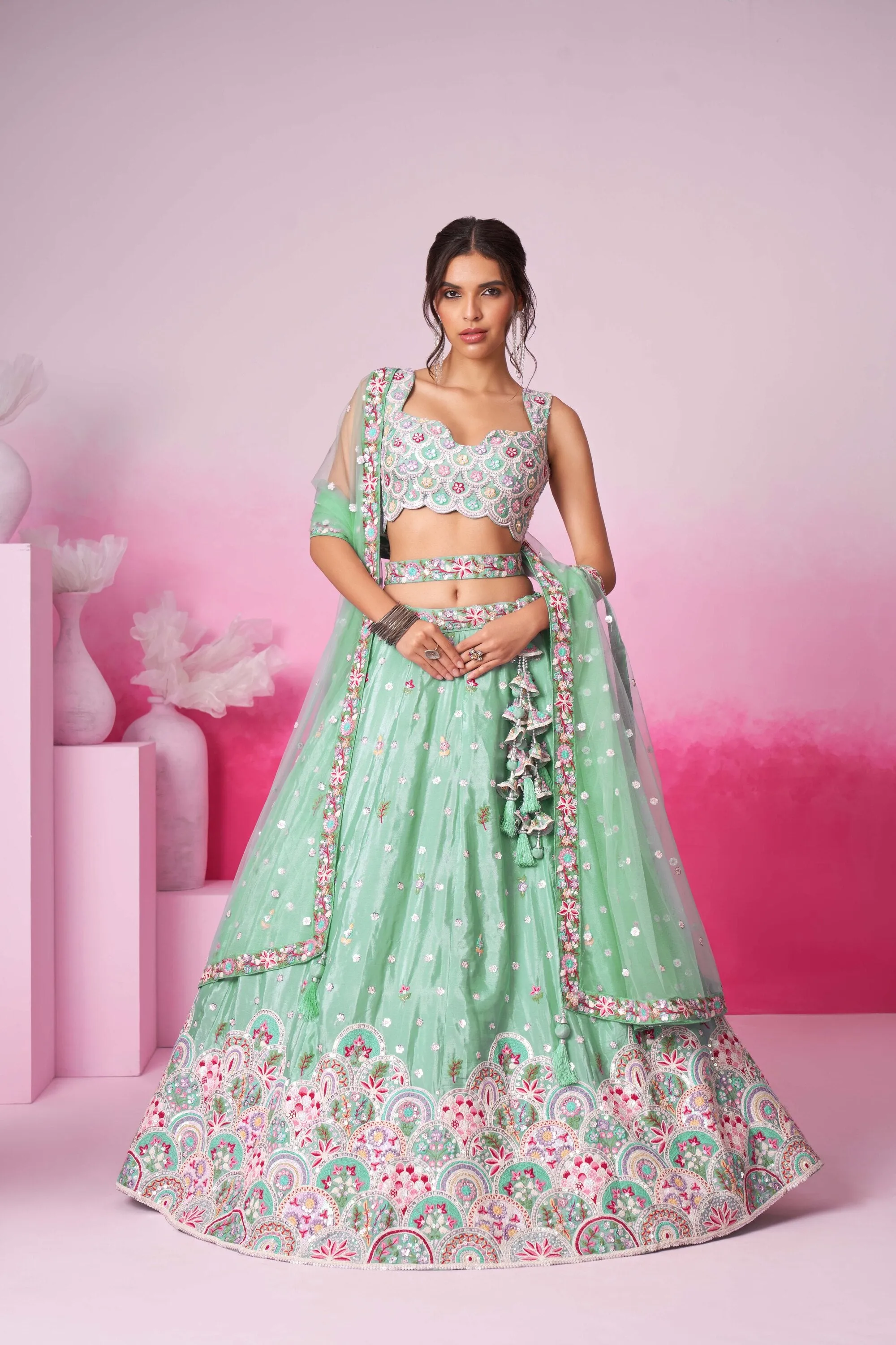 Lime Green Net Cutdana Sequins and Zarkan Lehenga choli & Dupatta - Rent