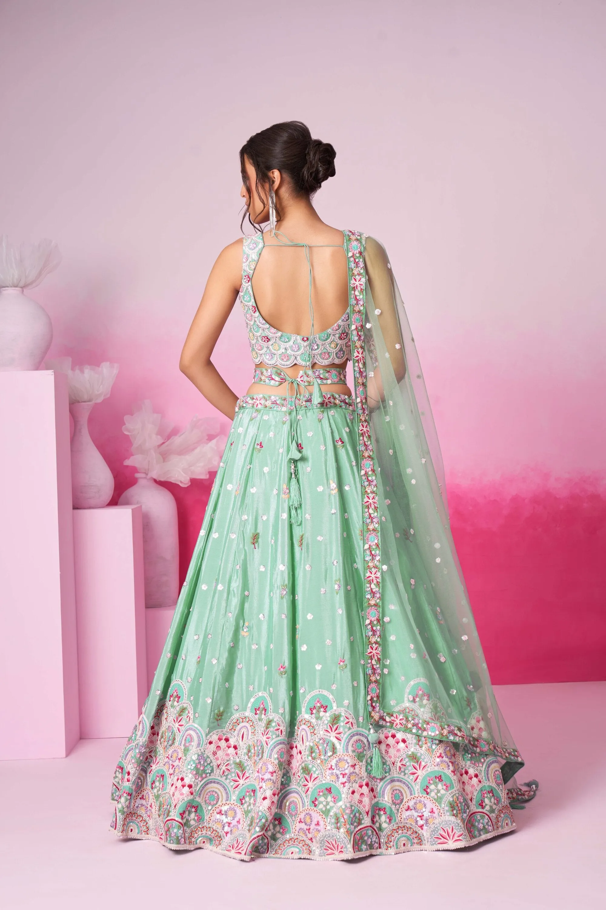 Lime Green Net Cutdana Sequins and Zarkan Lehenga choli & Dupatta - Rent