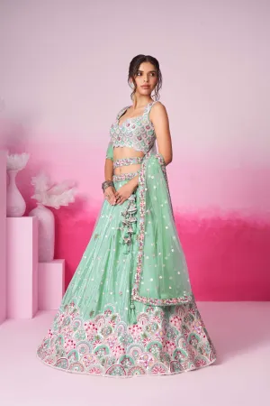 Lime Green Net Cutdana Sequins and Zarkan Lehenga choli & Dupatta - Rent