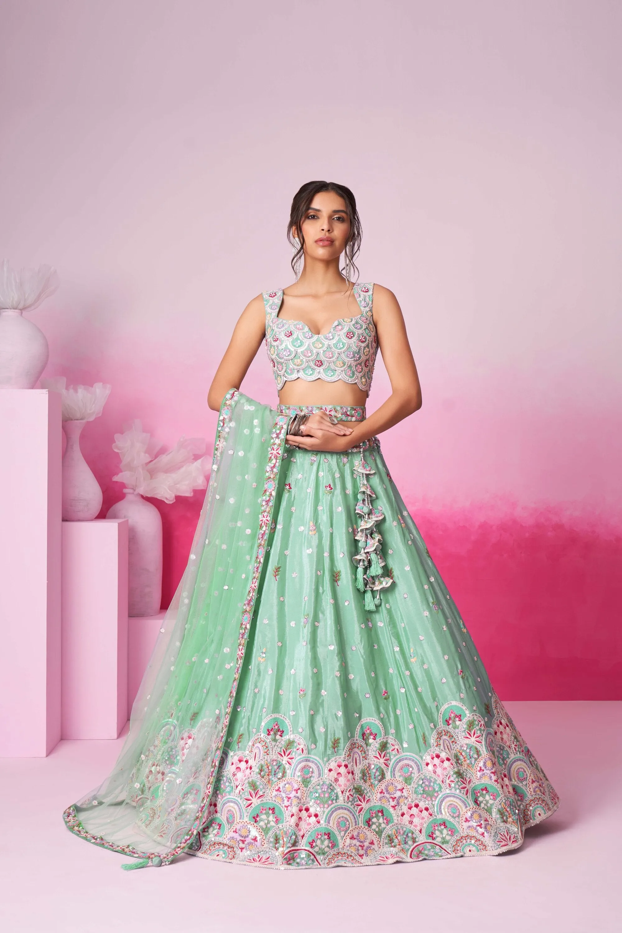 Lime Green Net Cutdana Sequins and Zarkan Lehenga choli & Dupatta - Rent