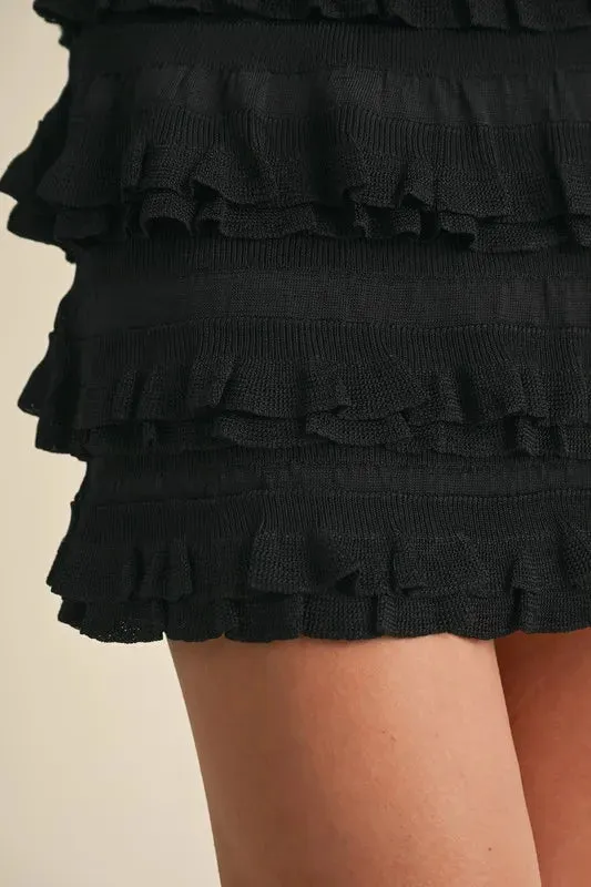 MABLE Ruffled Detail High Waist Knit Mini Skirt