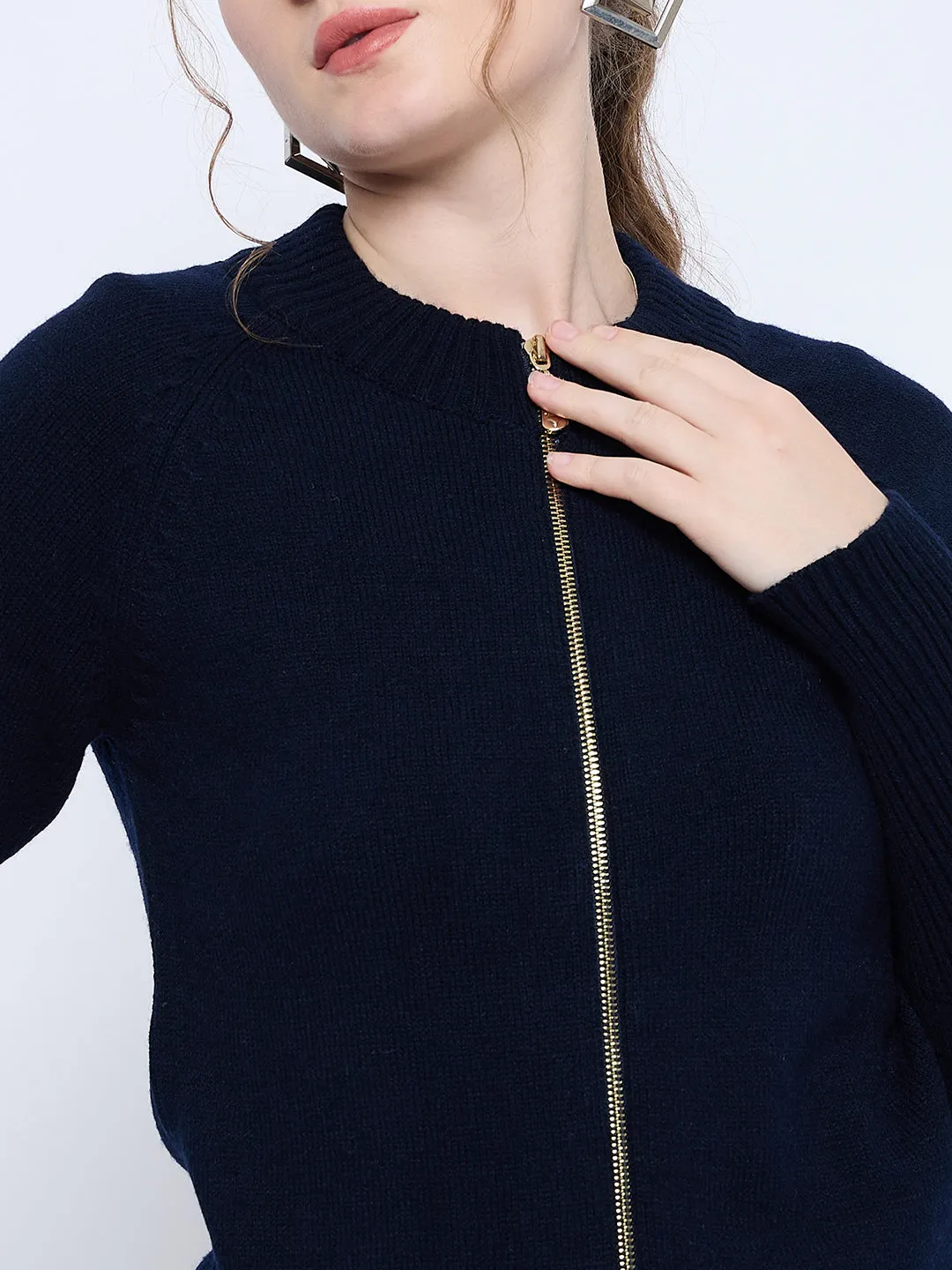 Madame Acrylic Blend Zipped Navy Blue Sweater