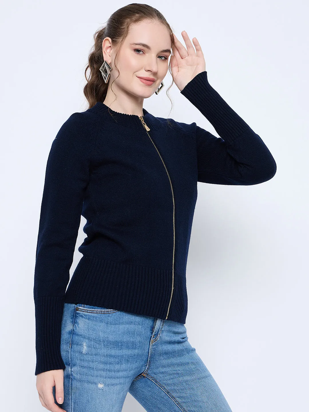 Madame Acrylic Blend Zipped Navy Blue Sweater