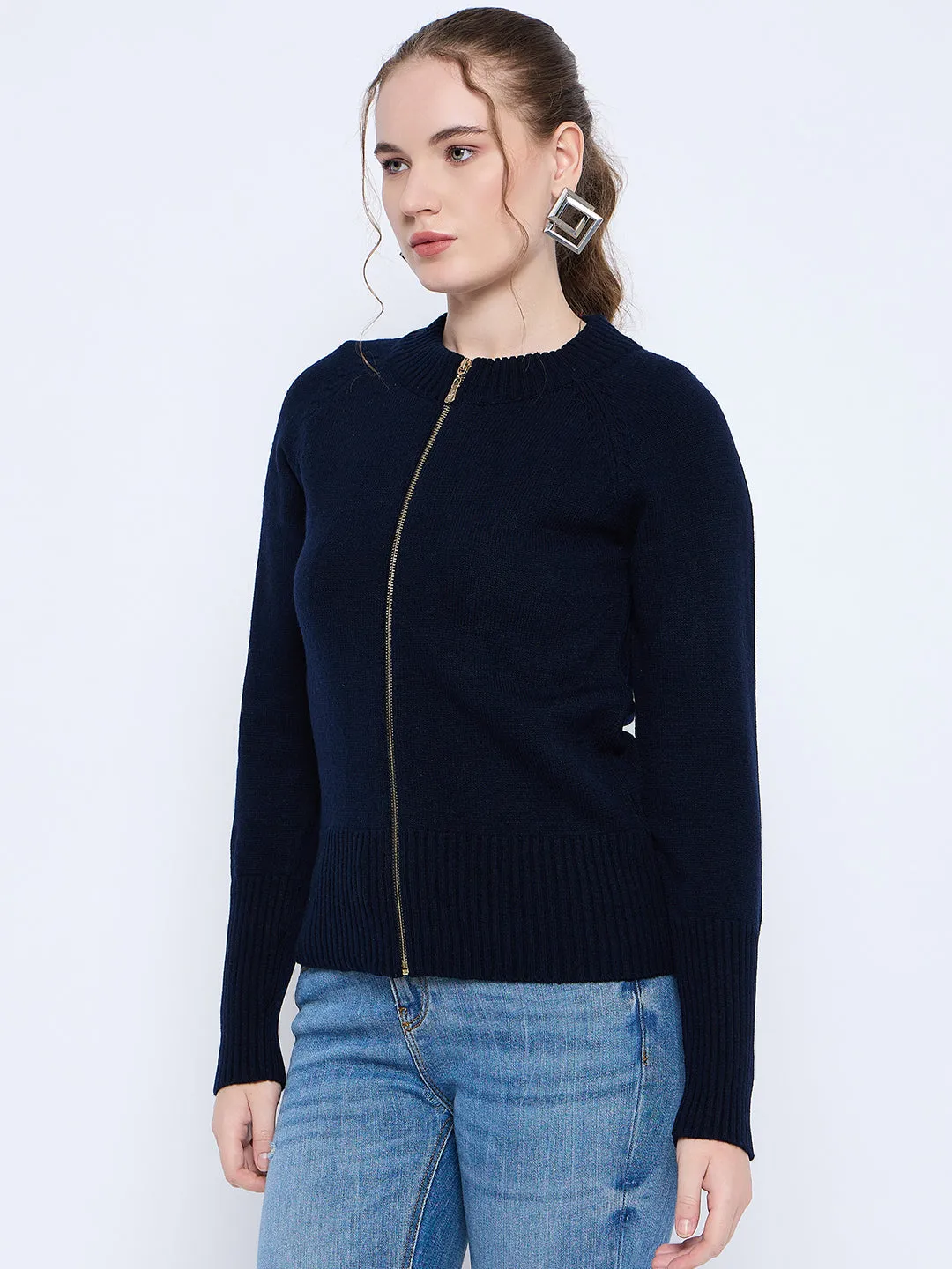 Madame Acrylic Blend Zipped Navy Blue Sweater