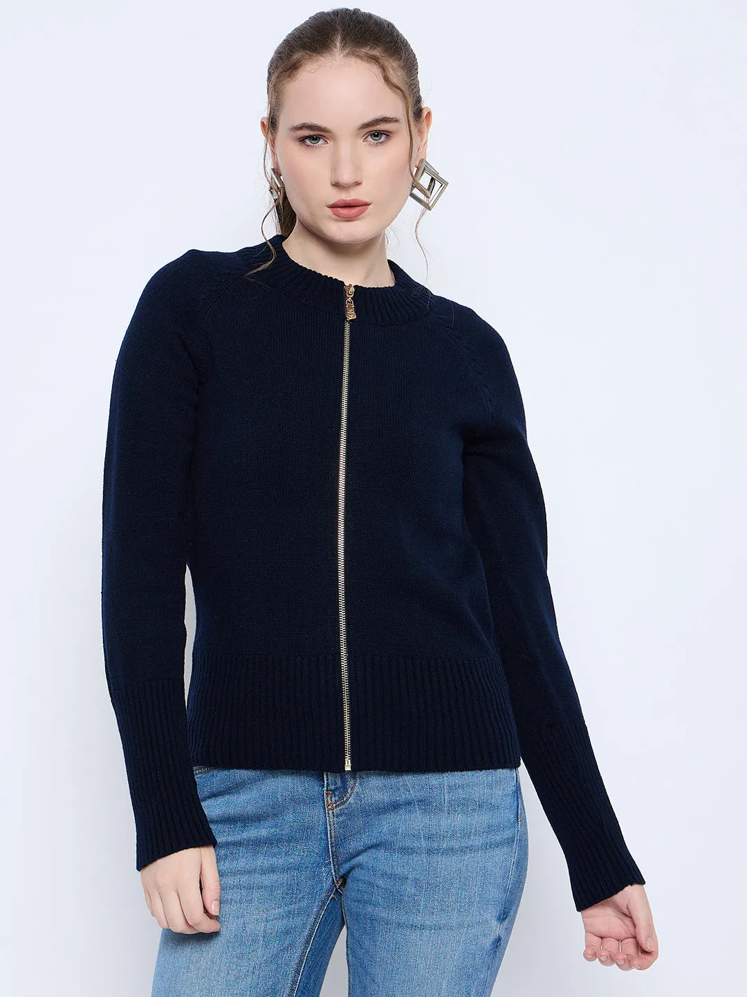 Madame Acrylic Blend Zipped Navy Blue Sweater