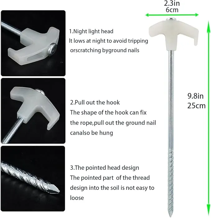 Metal Stake, 9.8-inch Heavy-Duty Luminous Tent Camping pop-up Tent Stake, Spiral Stake, Screw in Tent Stake, Suitable for Camping Tents, shelter Tents, Canopy Tents, Garden Terrace Tents
