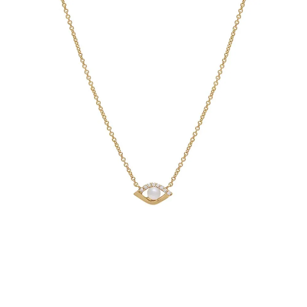 Mini Diamond X Pearl Evil Eye Necklace 14K