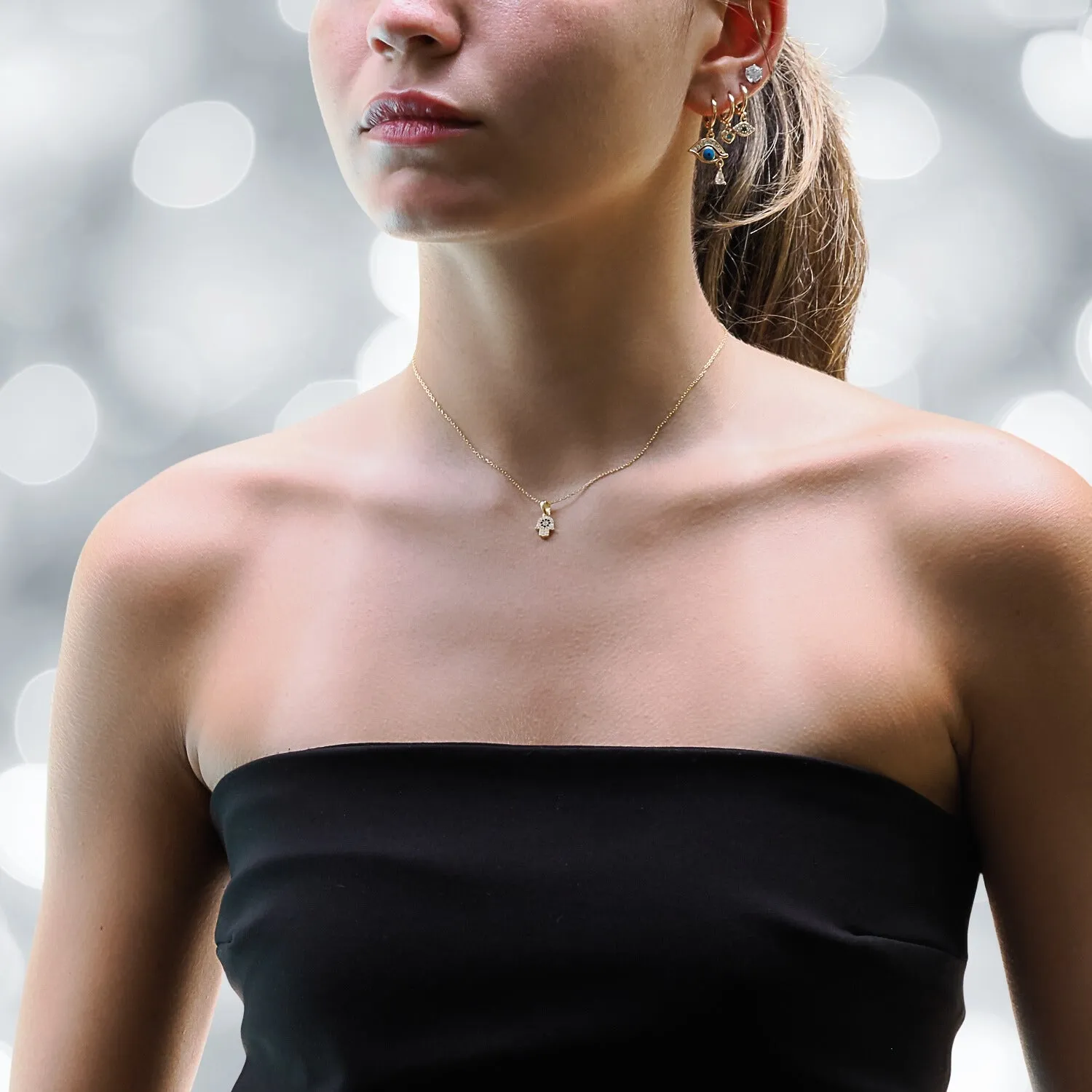 Minimalist Diamond Hamsa Hand Gold Lucky Necklace