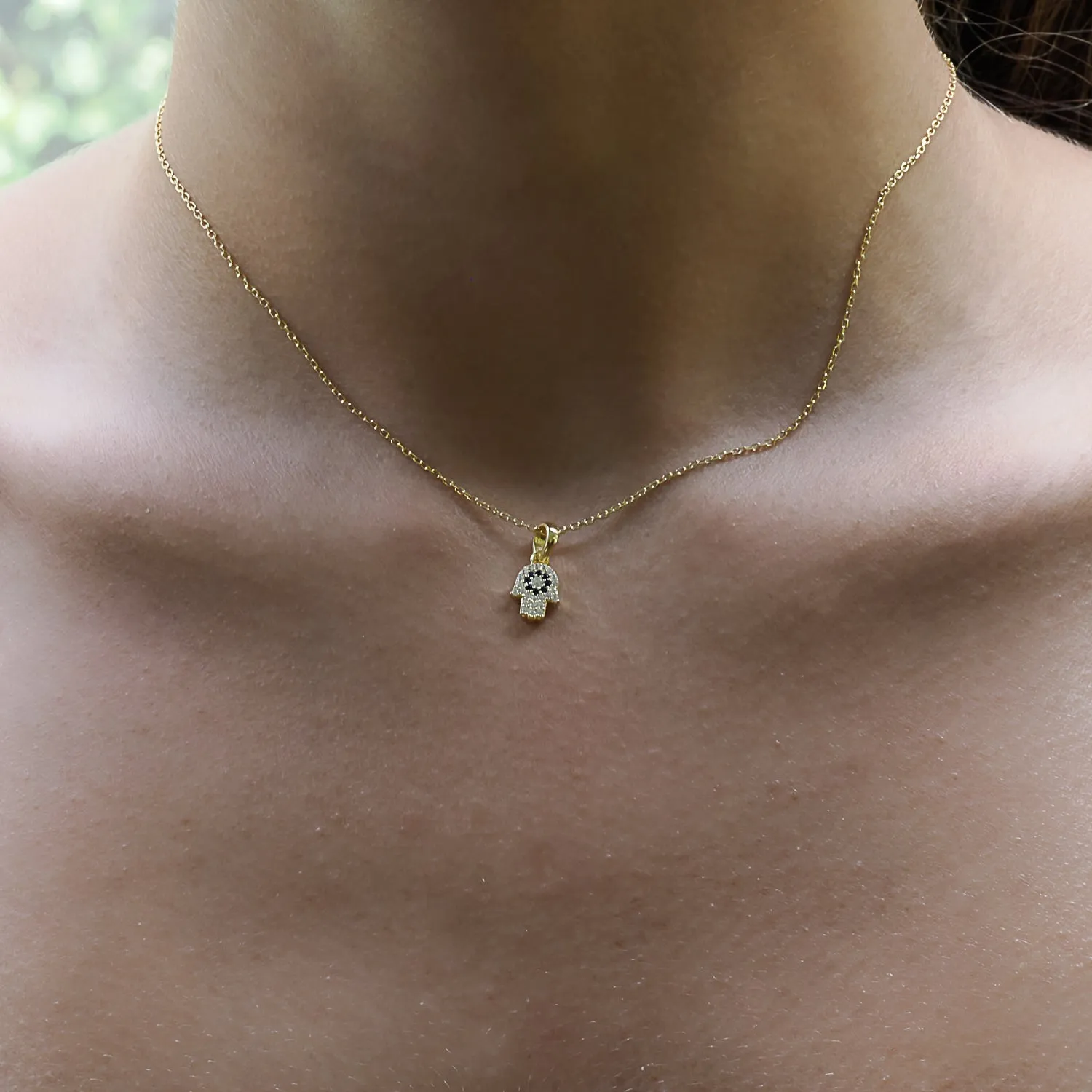 Minimalist Diamond Hamsa Hand Gold Lucky Necklace