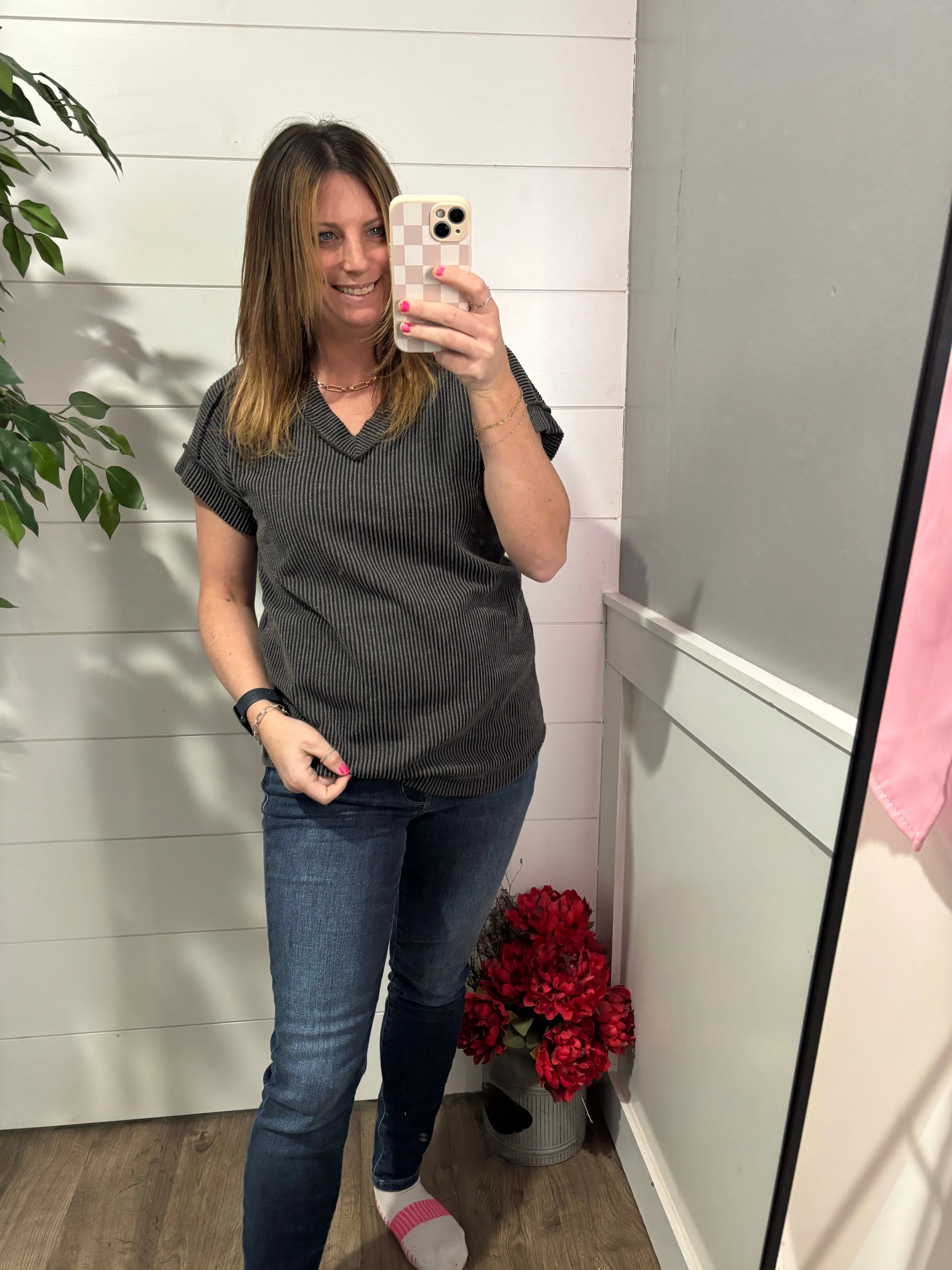 Moments to Cherish Ribbed Top - charcoal