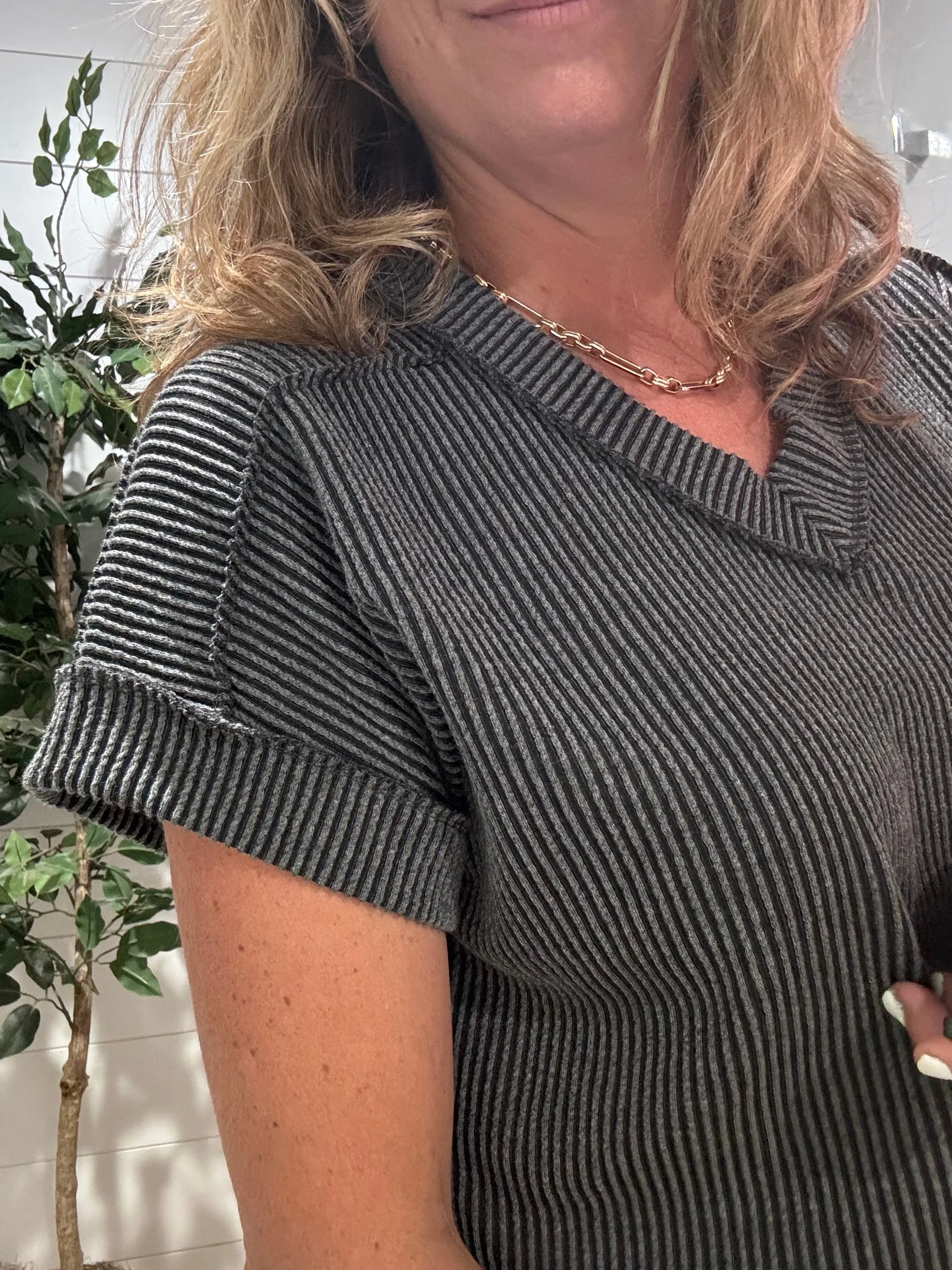 Moments to Cherish Ribbed Top - charcoal