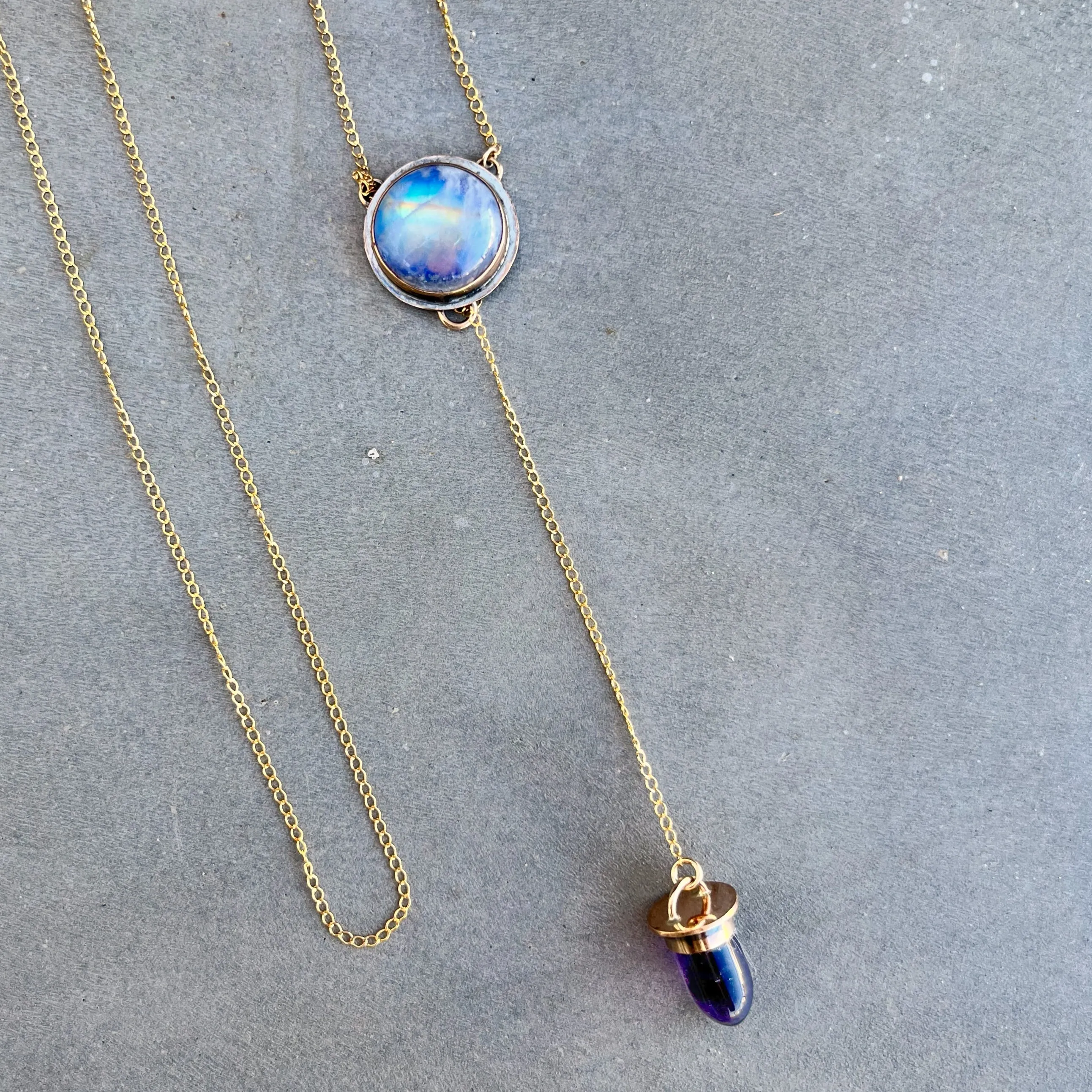 Moonstone & amethyst lariat necklace in 14K gold-fill