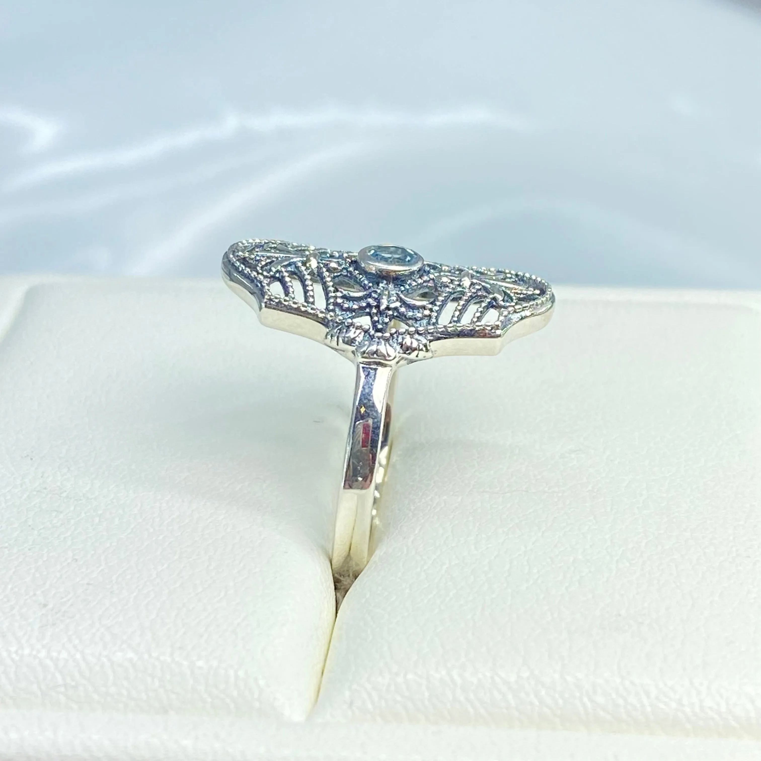 Natural Blue Topaz Ring, Fleur de Lis Jewelry, Art Deco Vintage Jewelry #D216