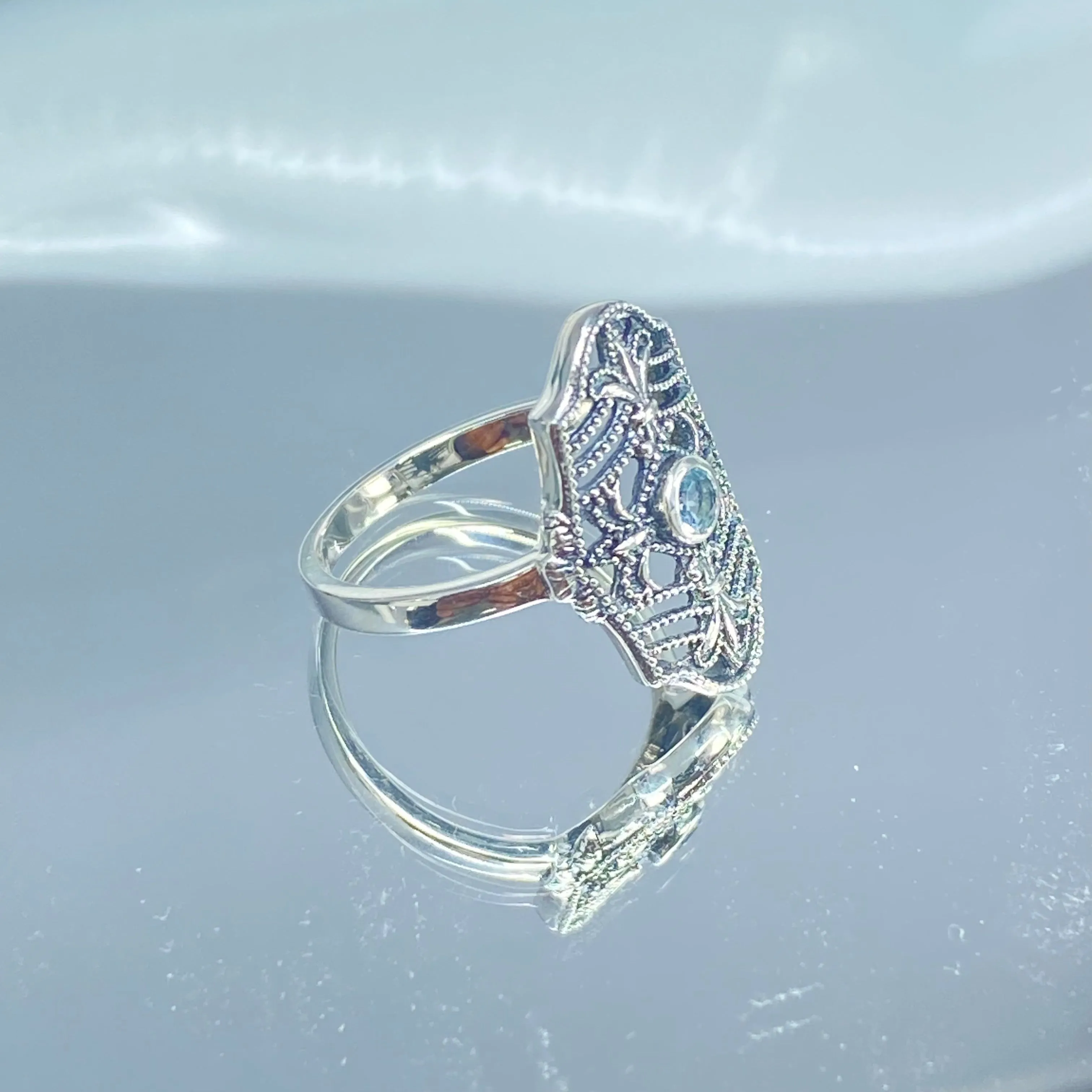 Natural Blue Topaz Ring, Fleur de Lis Jewelry, Art Deco Vintage Jewelry #D216
