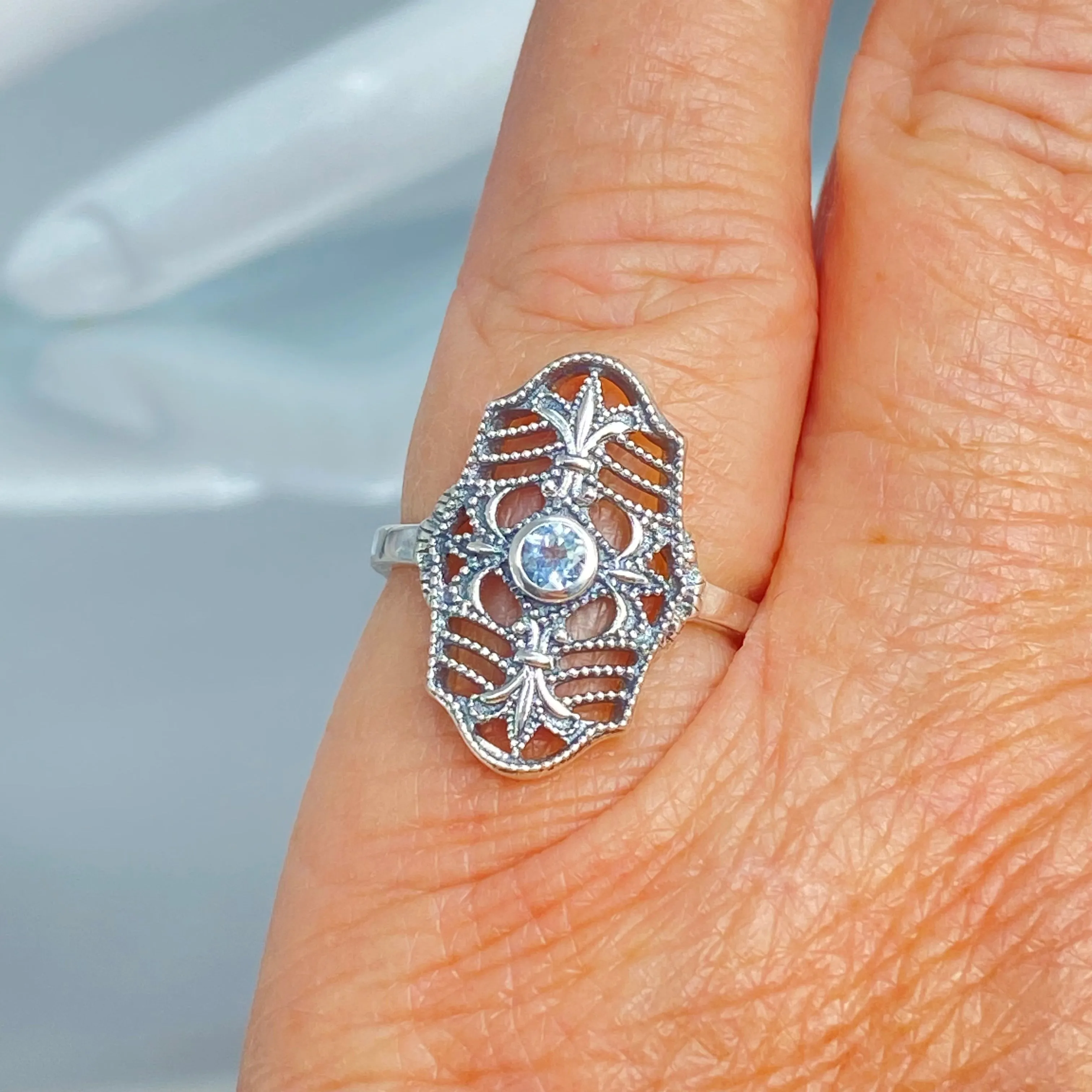 Natural Blue Topaz Ring, Fleur de Lis Jewelry, Art Deco Vintage Jewelry #D216