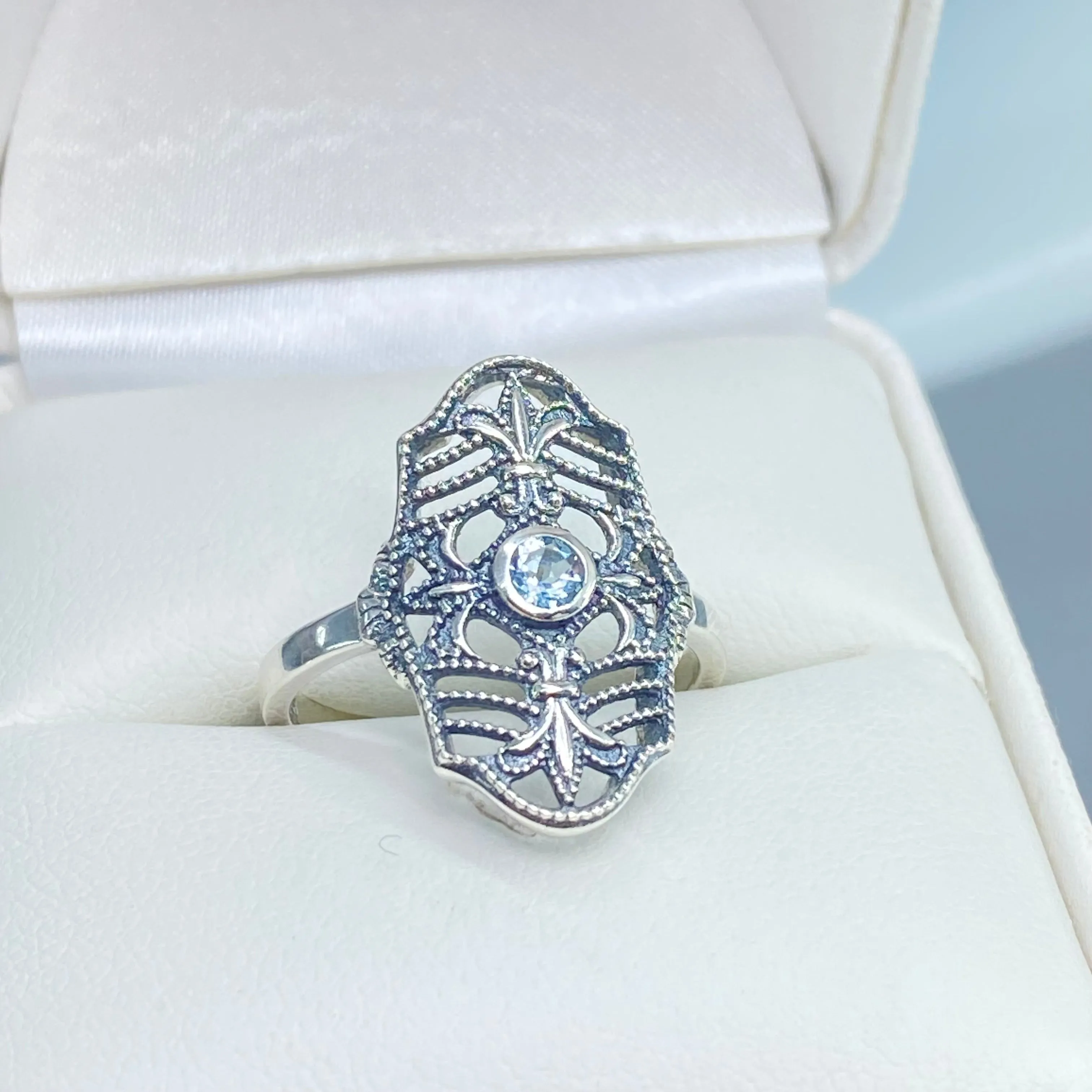 Natural Blue Topaz Ring, Fleur de Lis Jewelry, Art Deco Vintage Jewelry #D216
