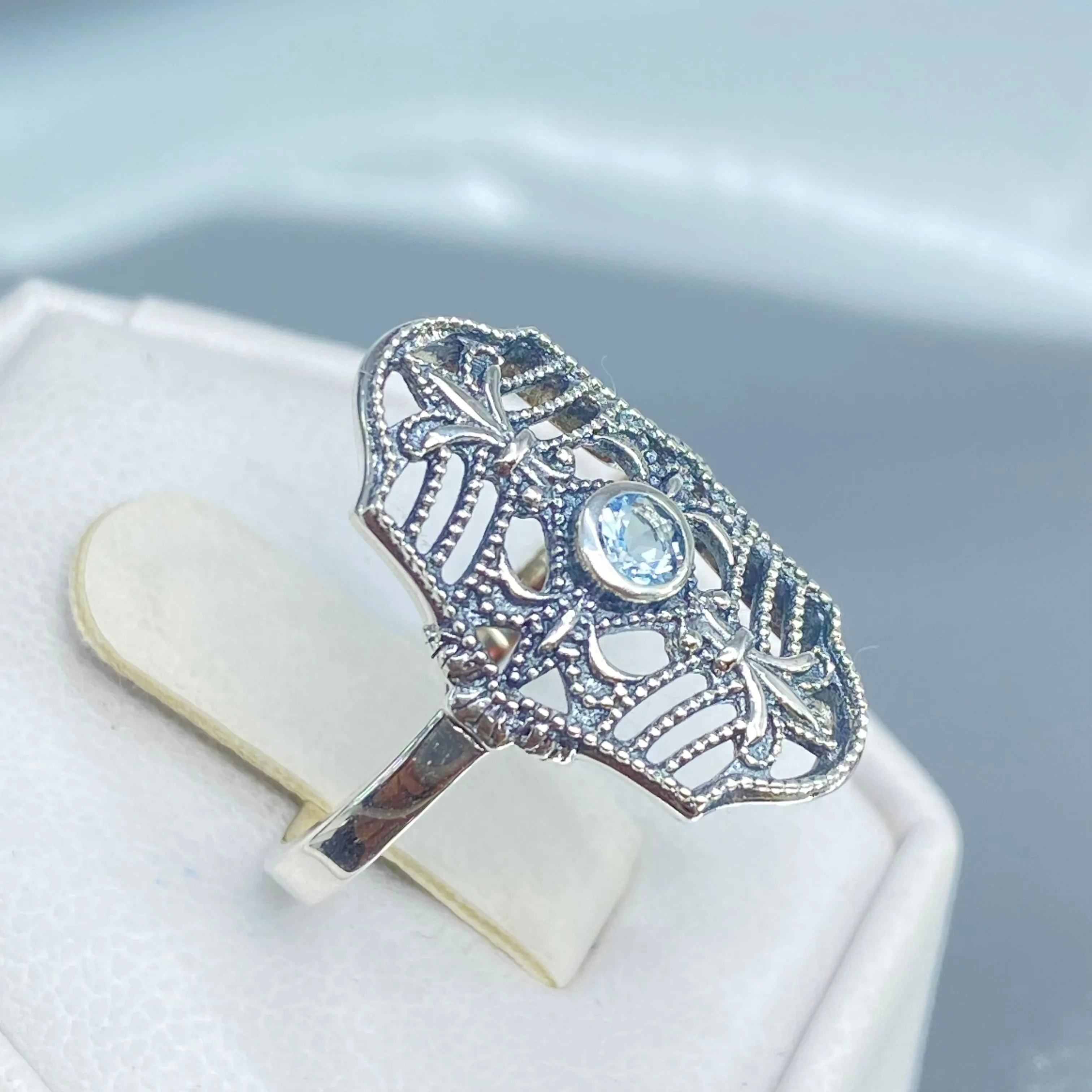 Natural Blue Topaz Ring, Fleur de Lis Jewelry, Art Deco Vintage Jewelry #D216