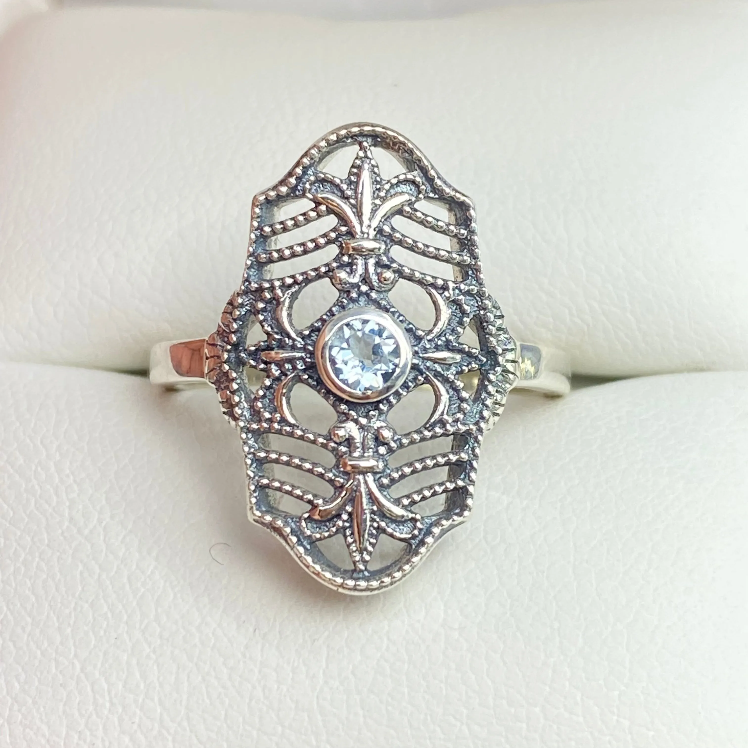 Natural Blue Topaz Ring, Fleur de Lis Jewelry, Art Deco Vintage Jewelry #D216